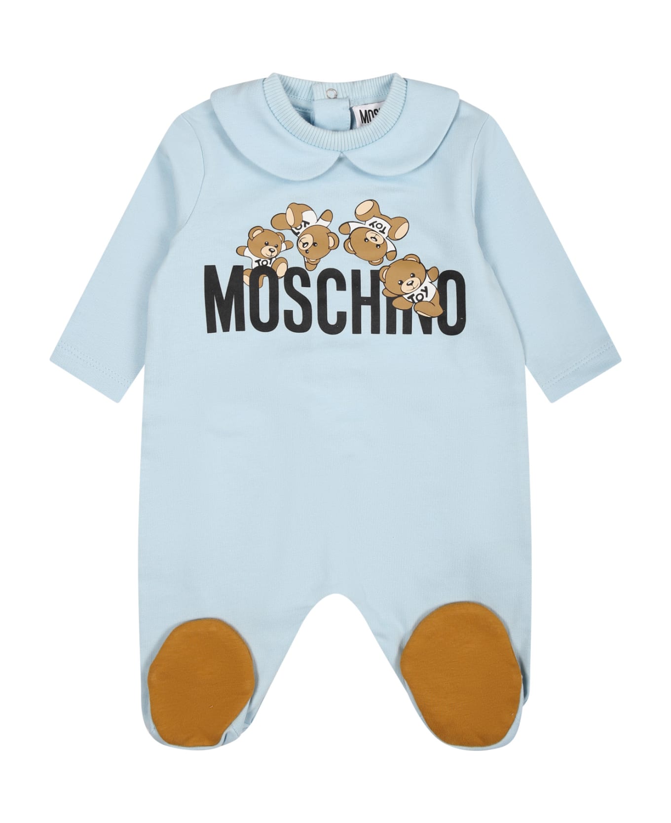 Moschino Light Blue Playsuit For Baby Boy With Logo And Teddy Bear - Light Blue ボディスーツ＆セットアップ