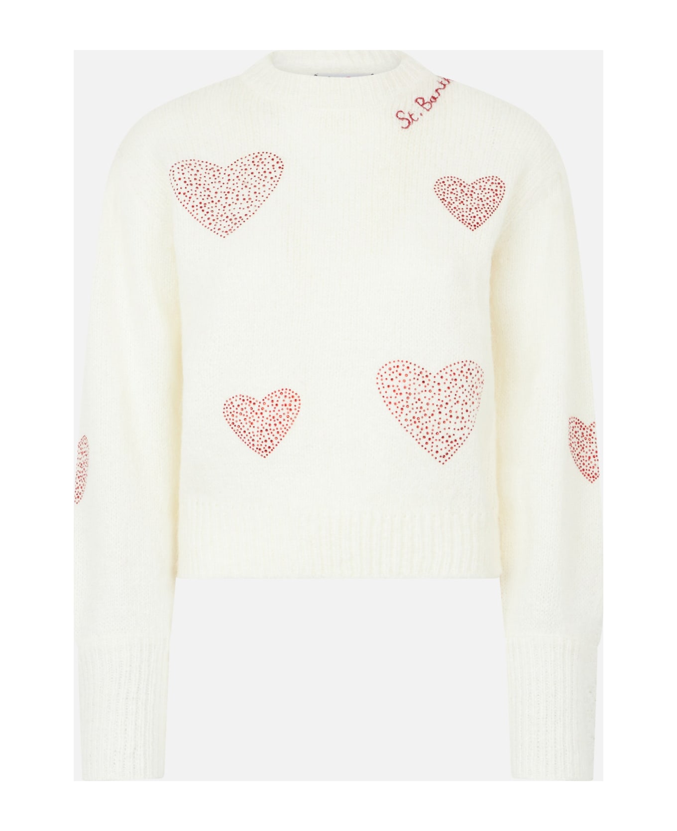 MC2 Saint Barth Woman Brushed White Sweater With Rhinestones Hearts - WHITE