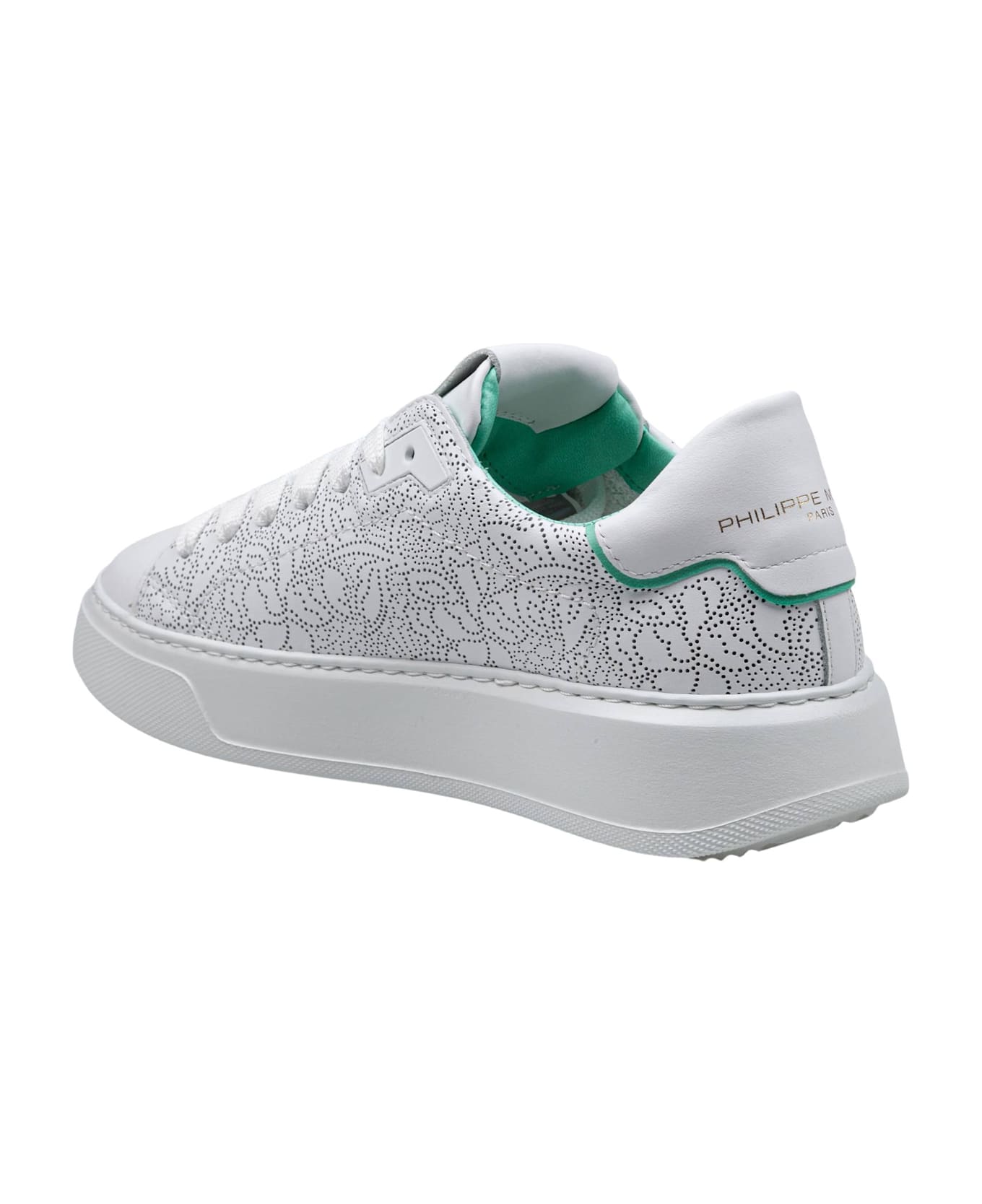 Philippe Model Temple Perforated Leather Sneakers Color White And Green - White