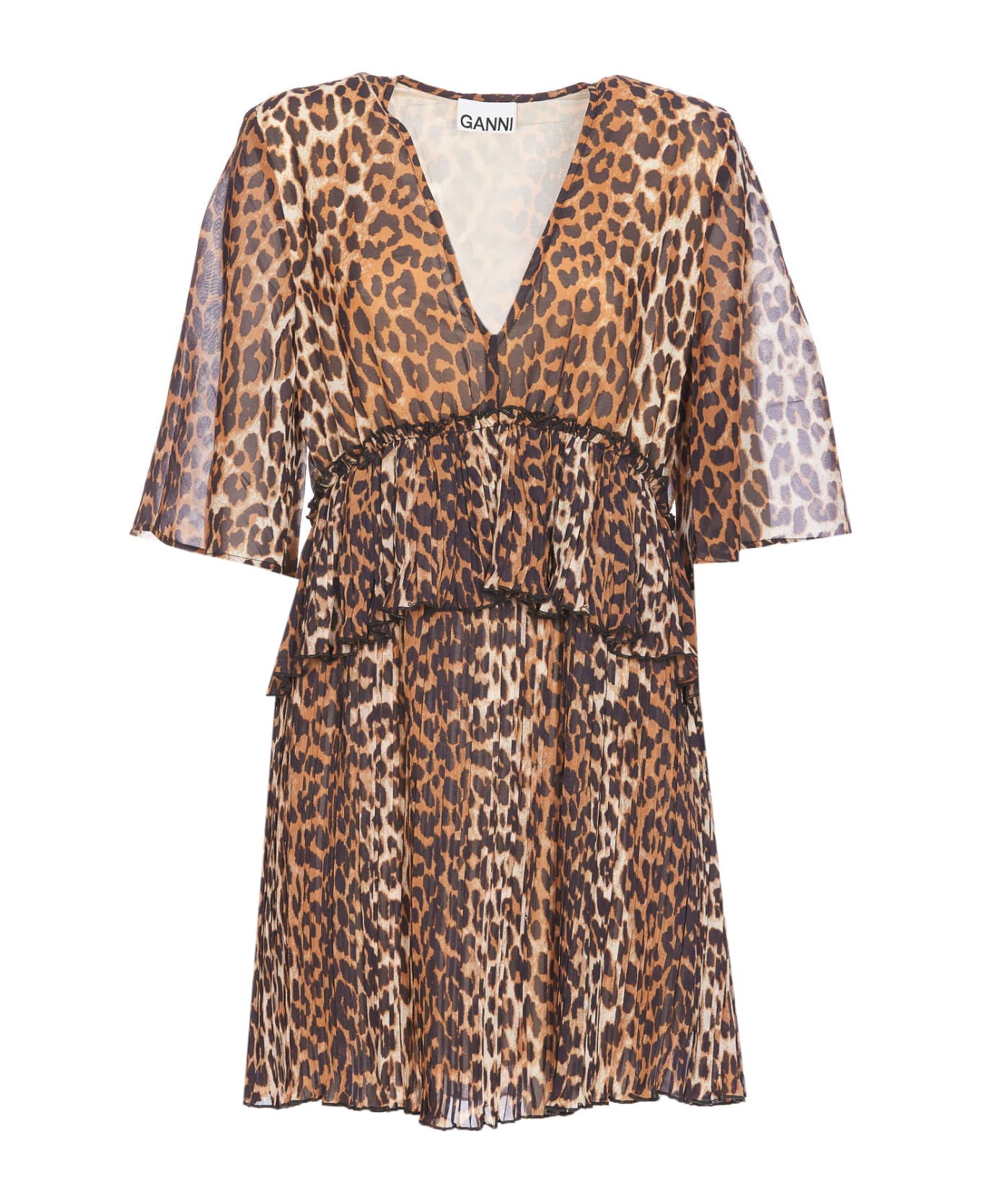 Ganni Leopard Print V-neck Mini Dress - Beige