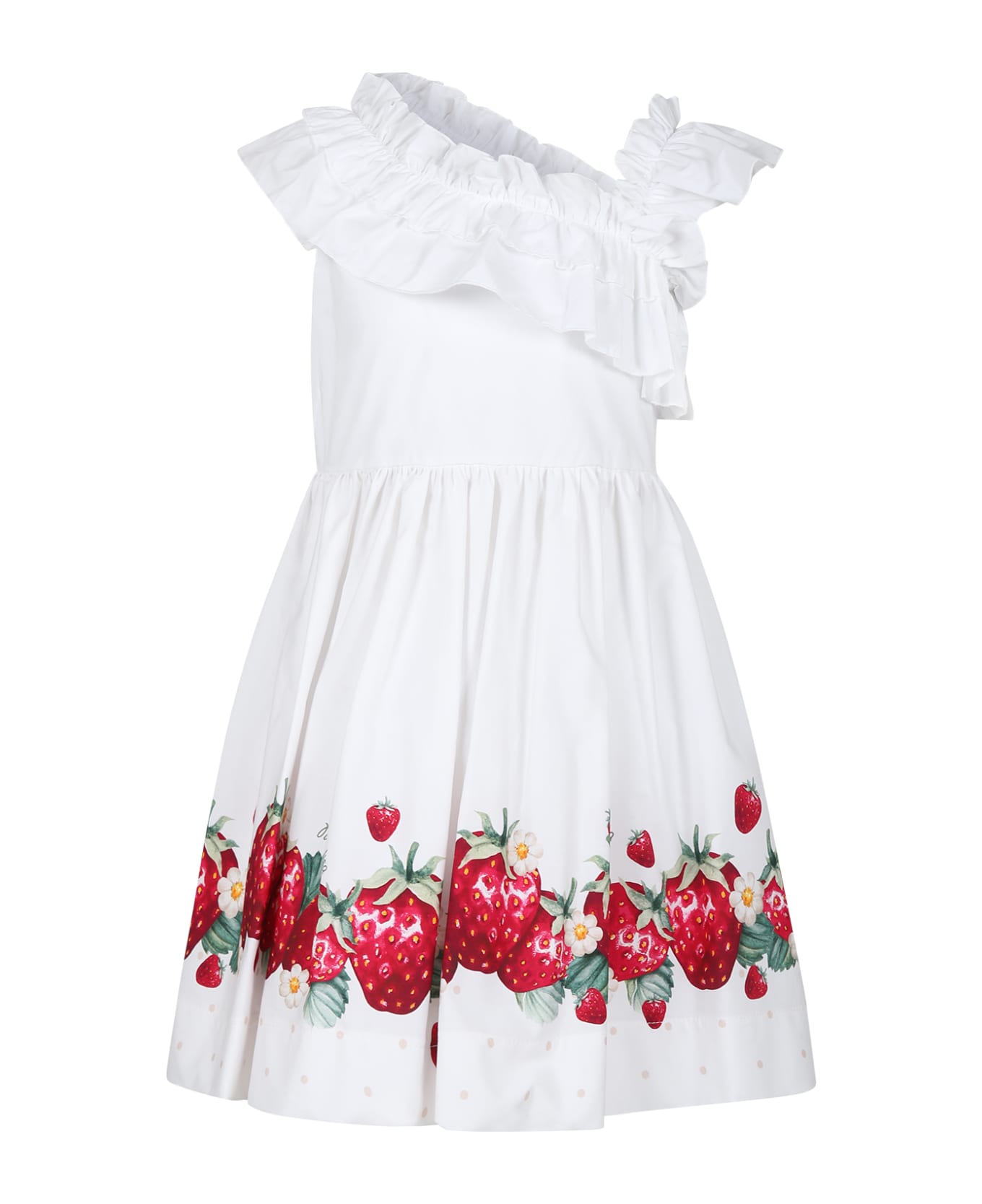 Monnalisa White Dress For Girl With Strawberry Print - White ワンピース＆ドレス