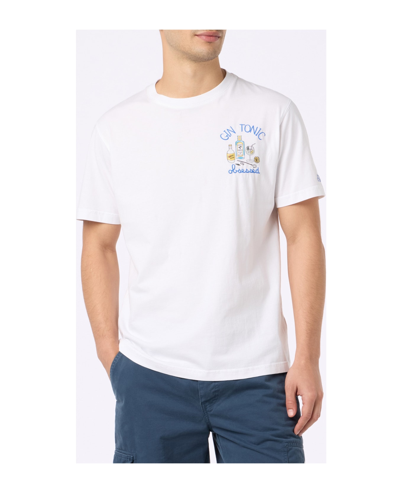 MC2 Saint Barth Man Cotton T-shirt With Gin Tonic Obsessed Embroidery - WHITE