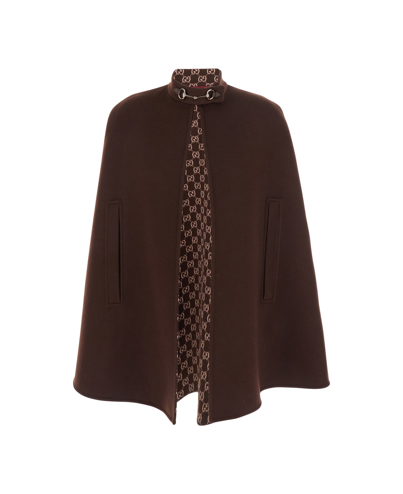 Gucci Brown Cape With Iconic Clamp And Gg All-over Motif Interior In Wool Woman - Brown
