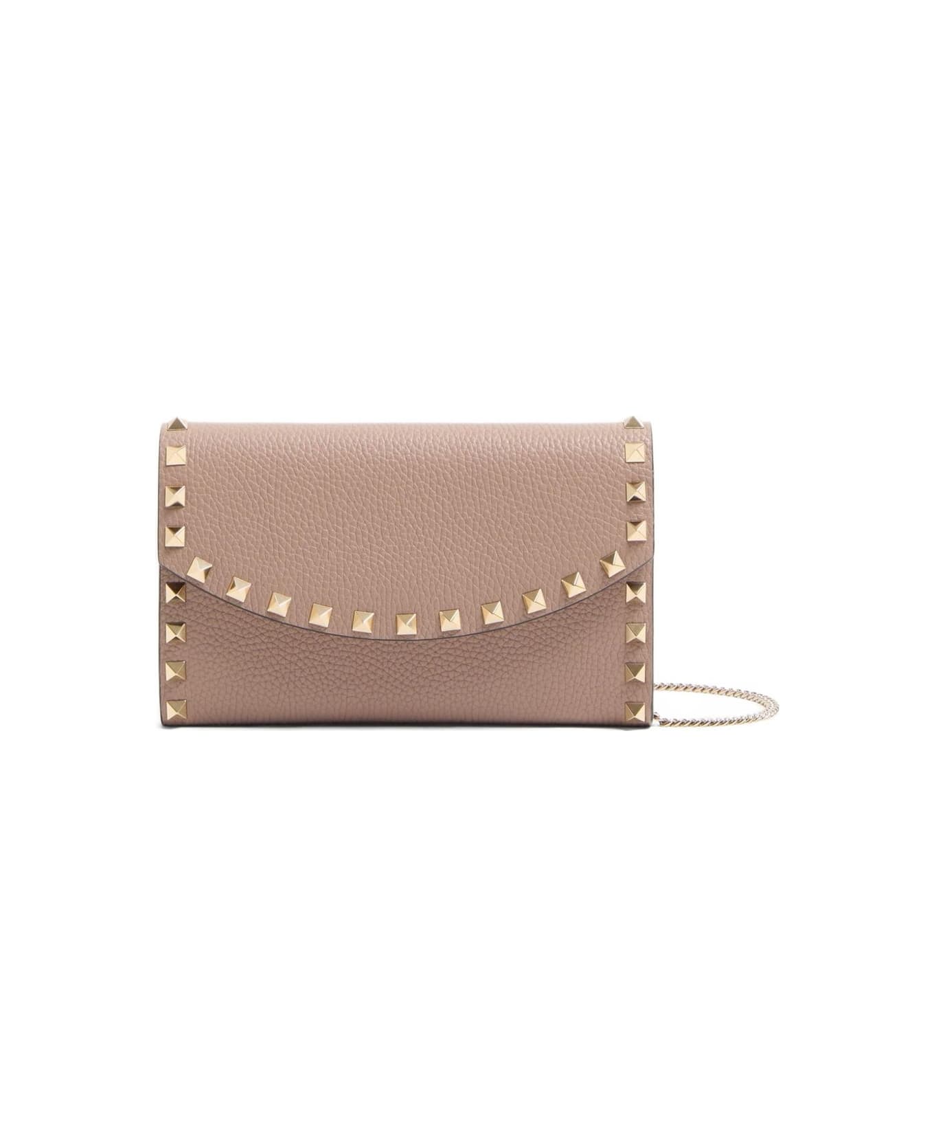 Valentino Garavani Rockstud Leather Wallet On Chain - Powder