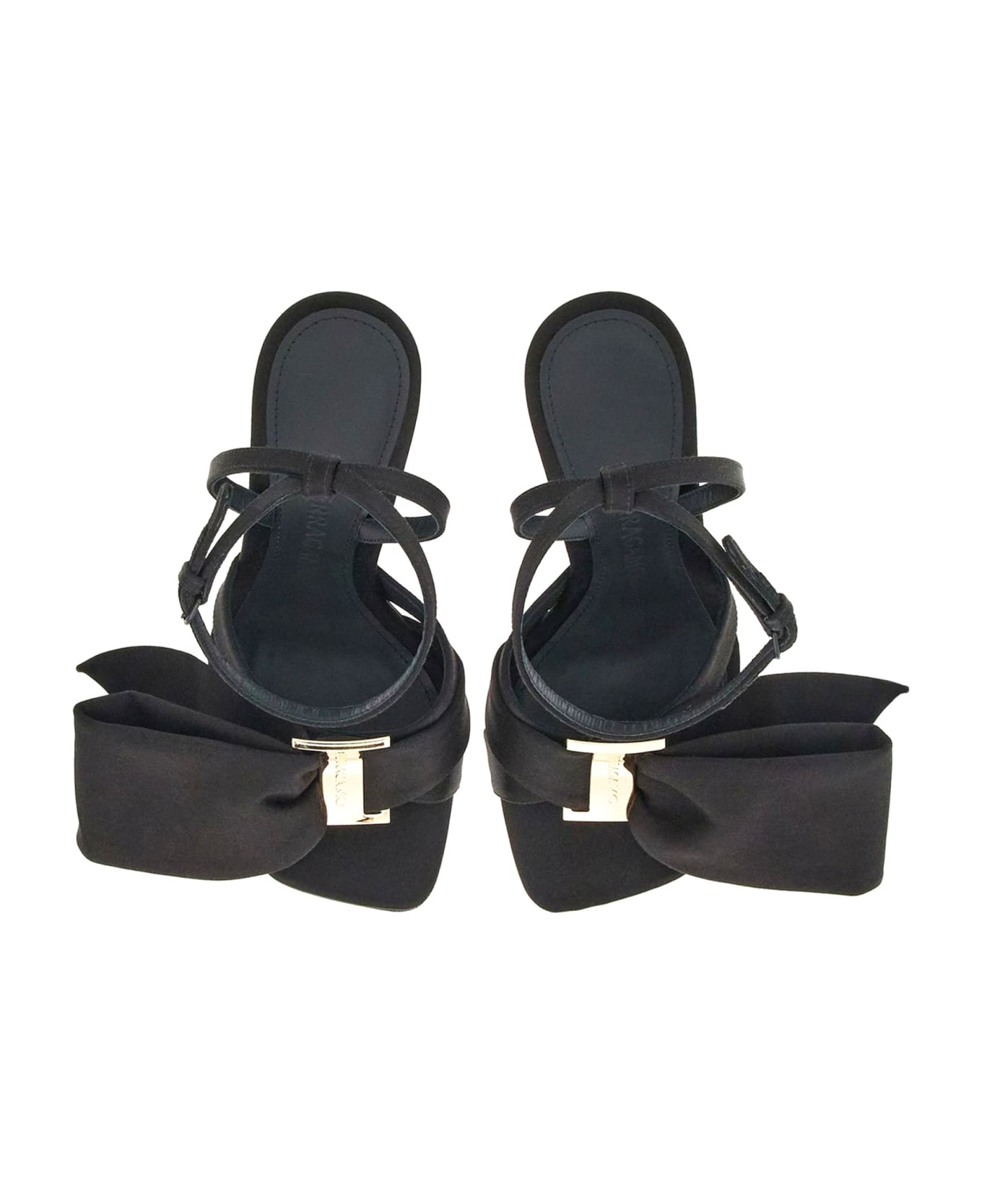 Ferragamo Black Shiny Satin Open Toe Sandals - Black サンダル