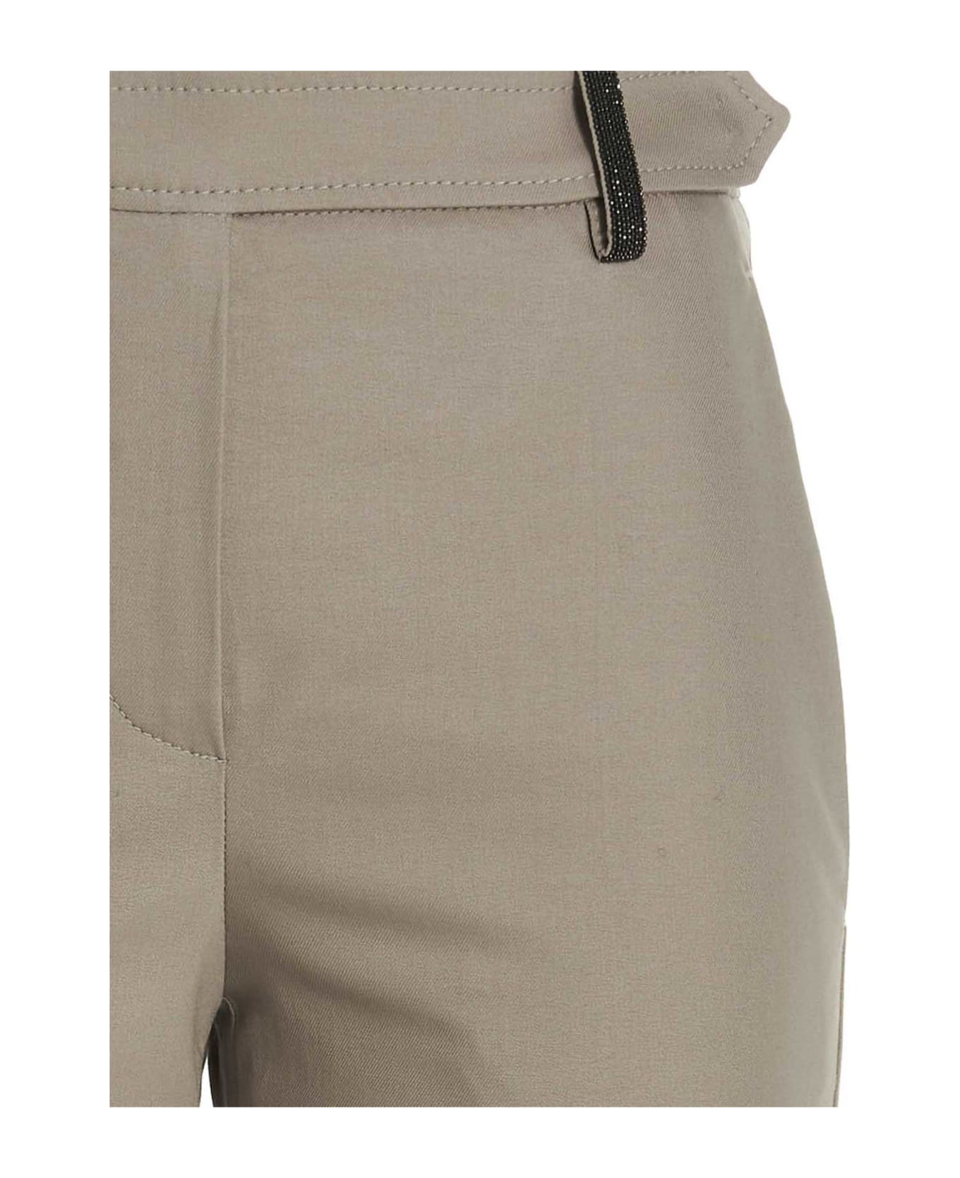 Brunello Cucinelli Boyfit Cigarette Trousers In Stretch Cotton Twill With Waist Loop Embellished With Jewels - Beige