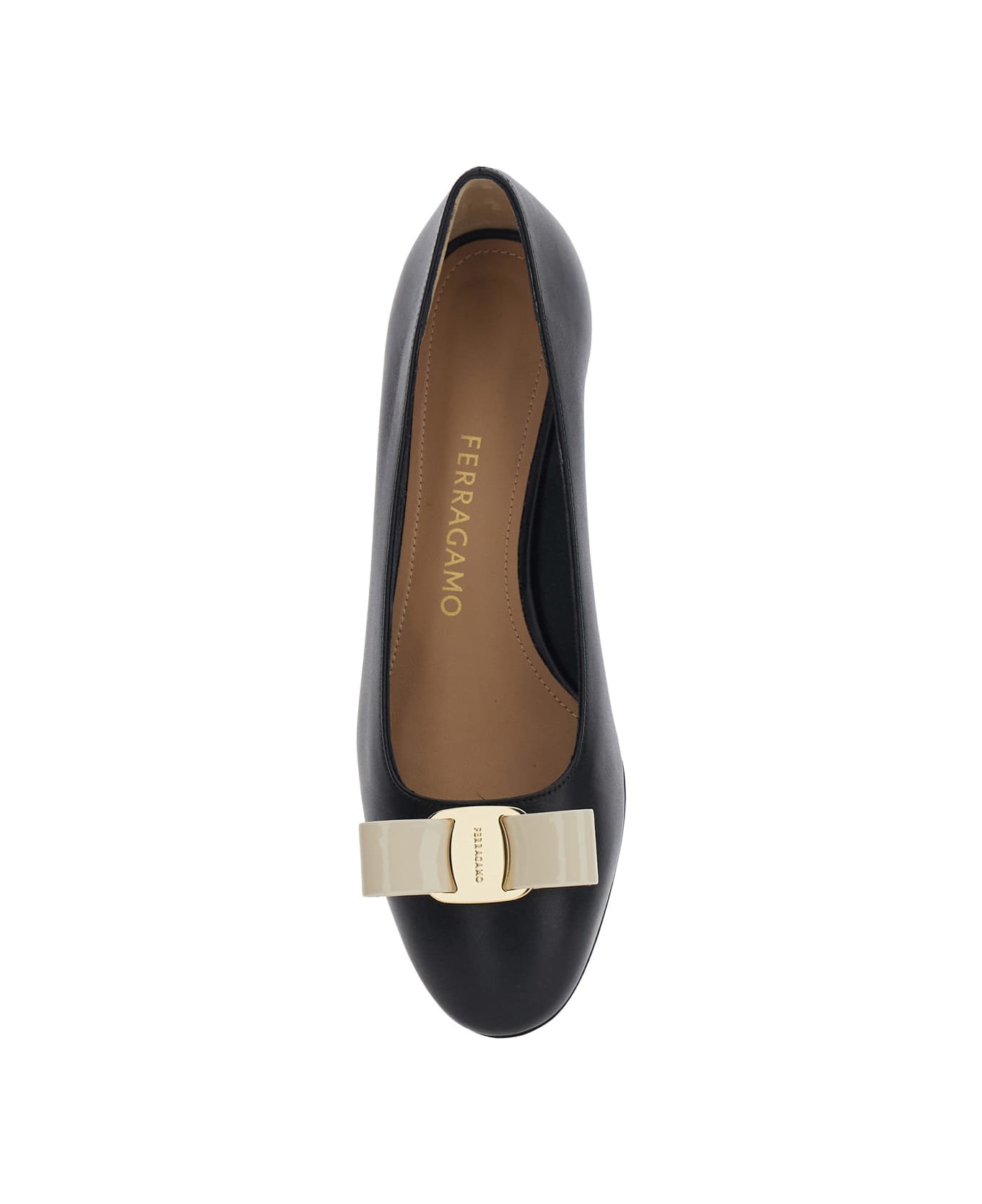 Ferragamo 'vara 2.0' Black Pumps With Low Block Heel And Logo Plaque On The Front In Leather Woman - Black