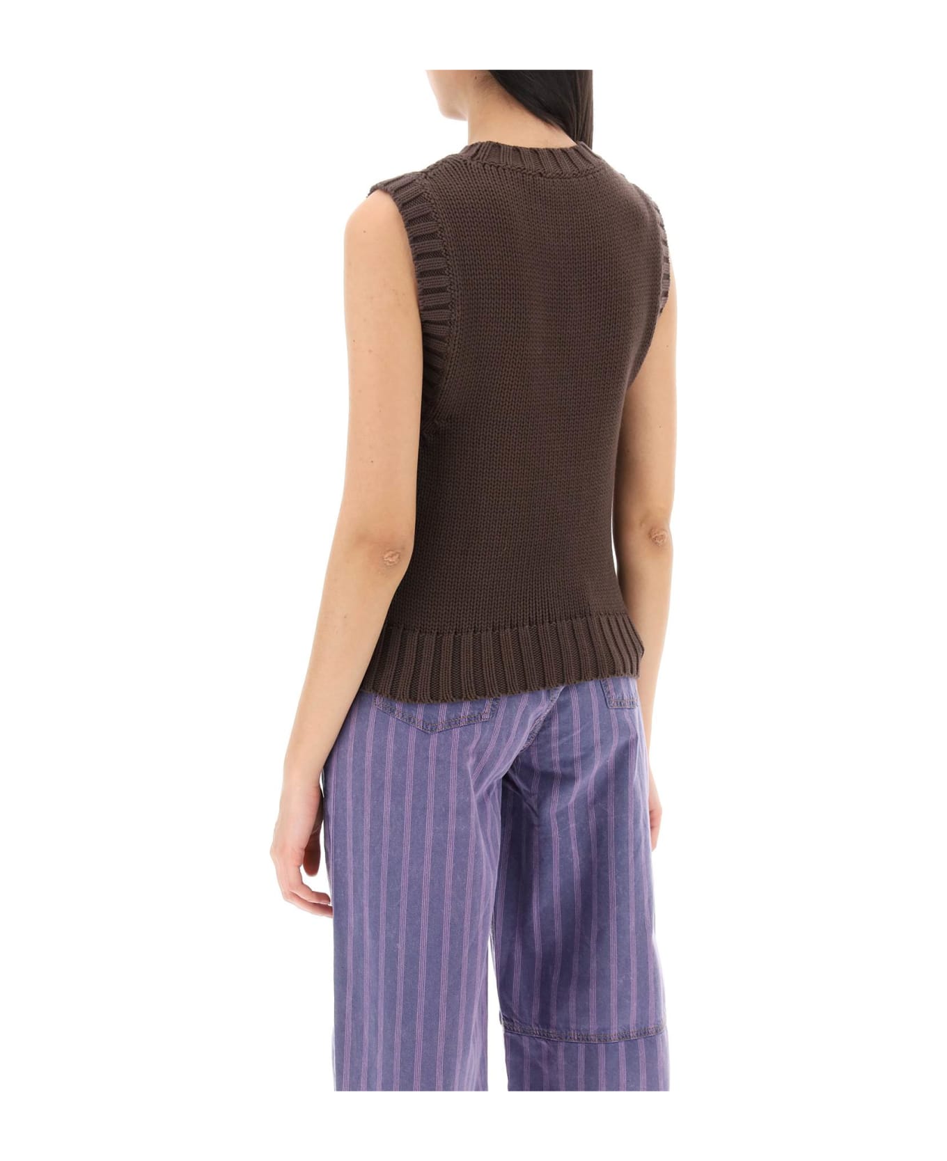 Ganni Open-stitch Knitted Vest With Logo - HOT FUDGE (Brown)
