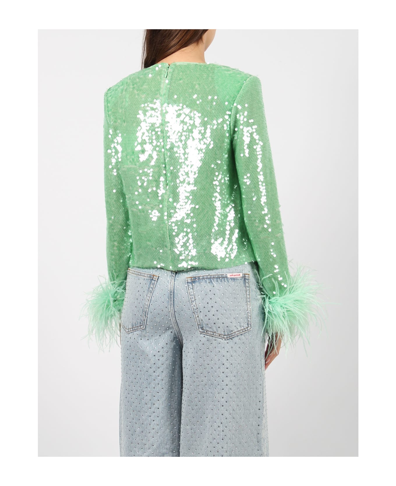 self-portrait Mint Sequin Feather Top - Green トップス