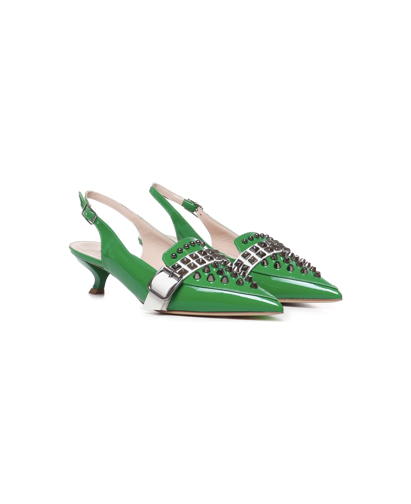 Alchimia Patent Slingback With Studs And Buckle - Green ハイヒール