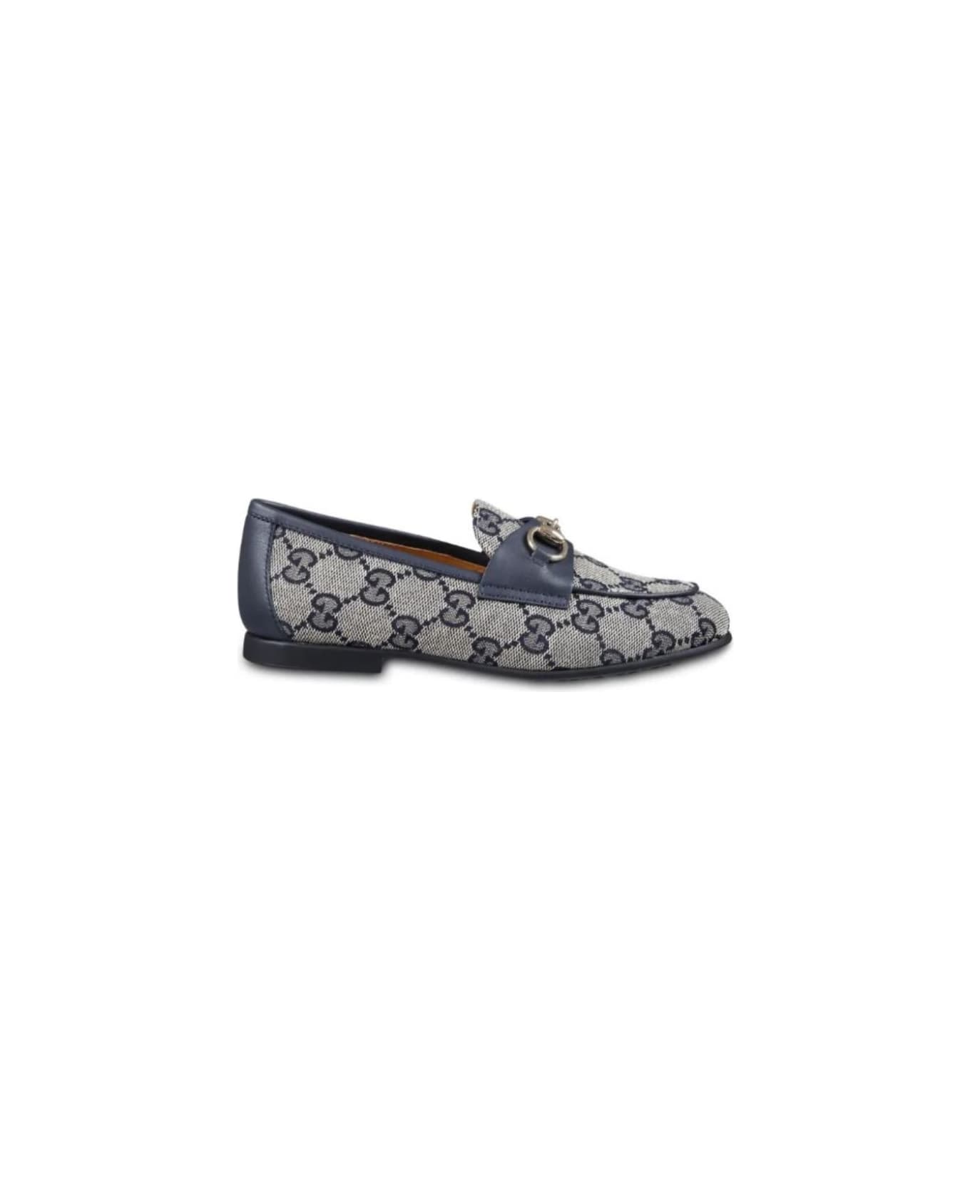 Gucci Beige And Blue Loafers With Horsebit Detail In Gg Supreme Canvas Boy - Multicolor