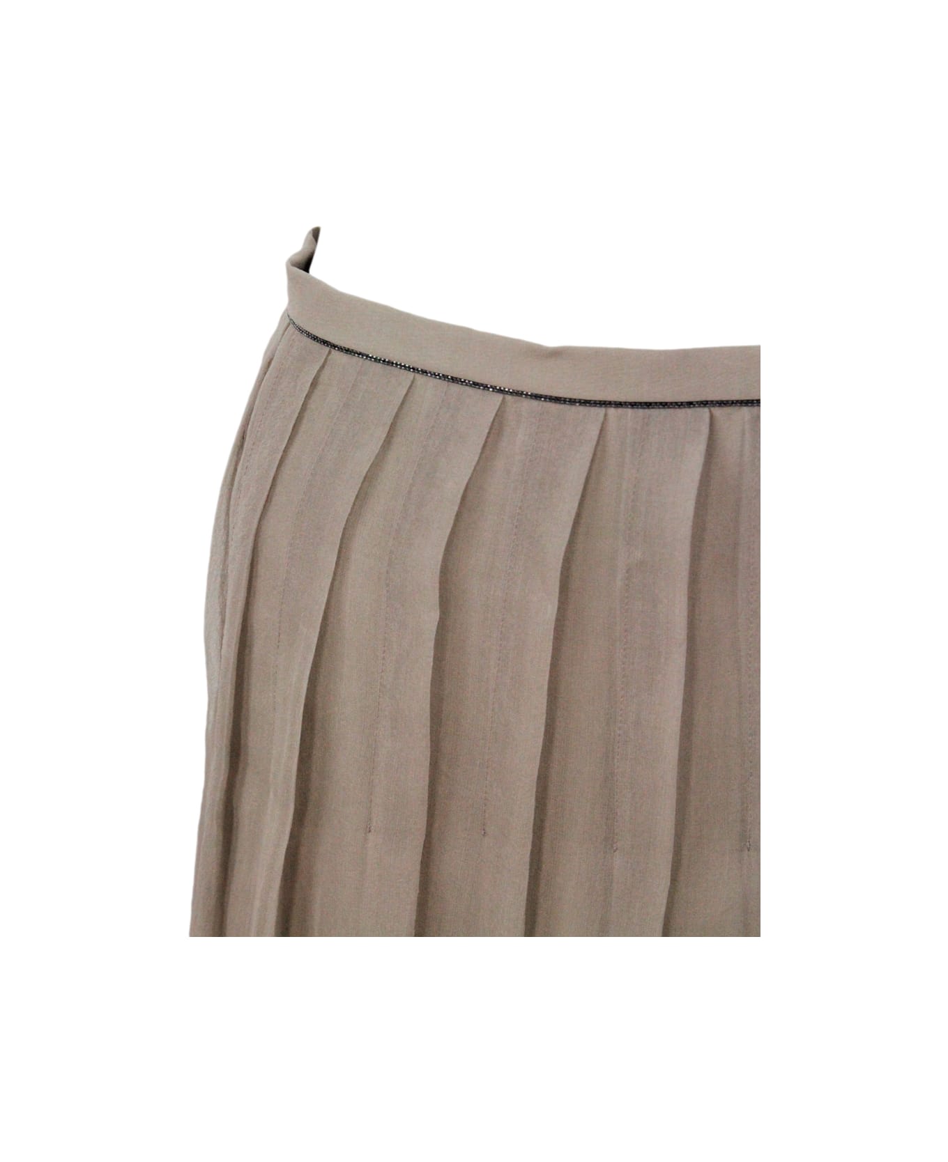 Brunello Cucinelli Long Pleated Skirt Made Of Fine Silk With Underlying Lining. Side Zip Closure And Shiny Jewel On The Strap - Nut