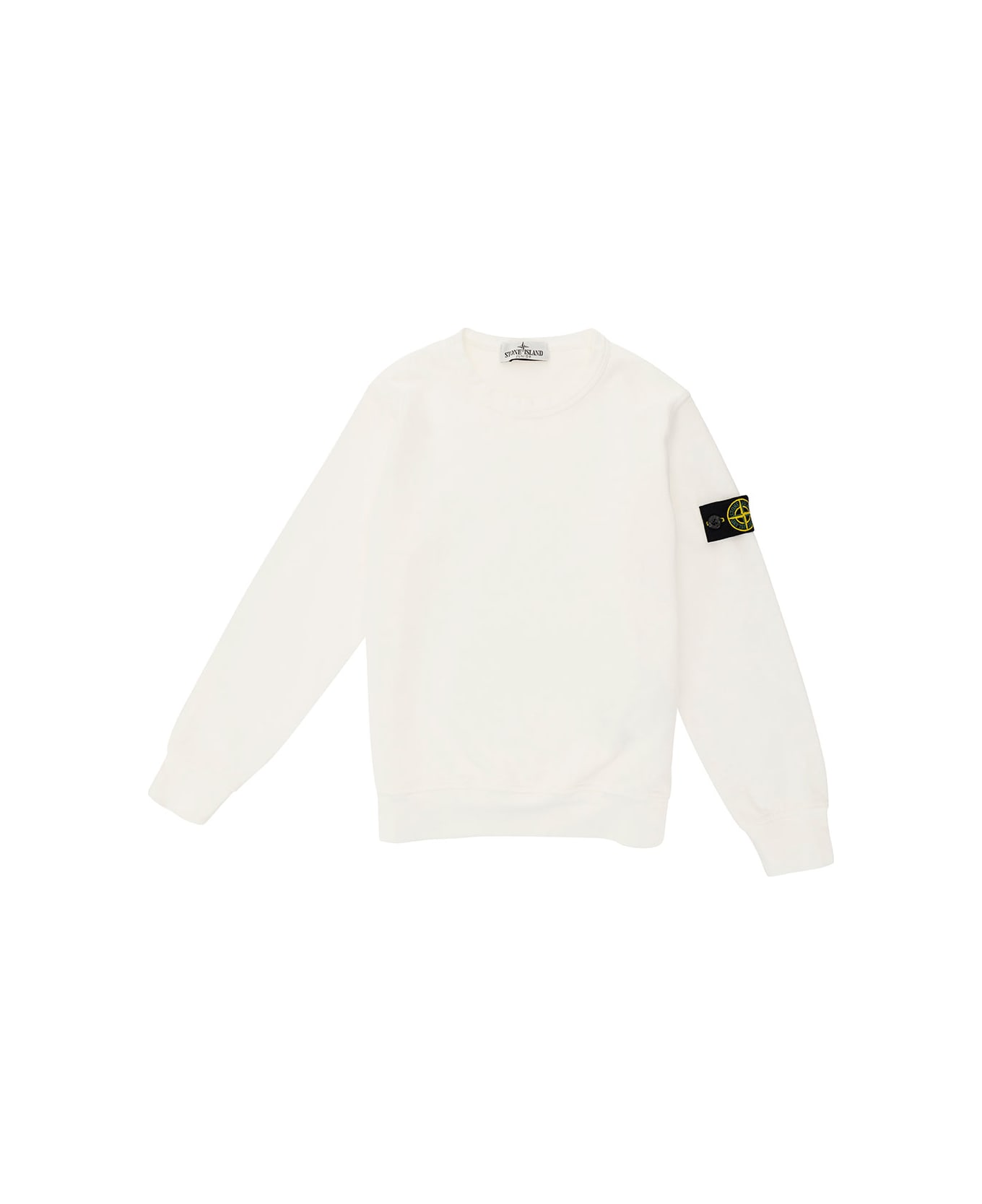 Stone Island Junior White Crewneck Sweatshirt With Logo Patch In Cotton Boy - White