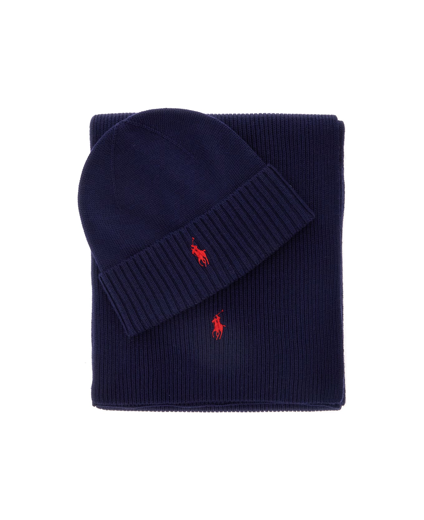 Ralph Lauren Blue Scarf And Beanie Set With Pony Embroidery On The Front In Wool Man - HUNTER NAVY
