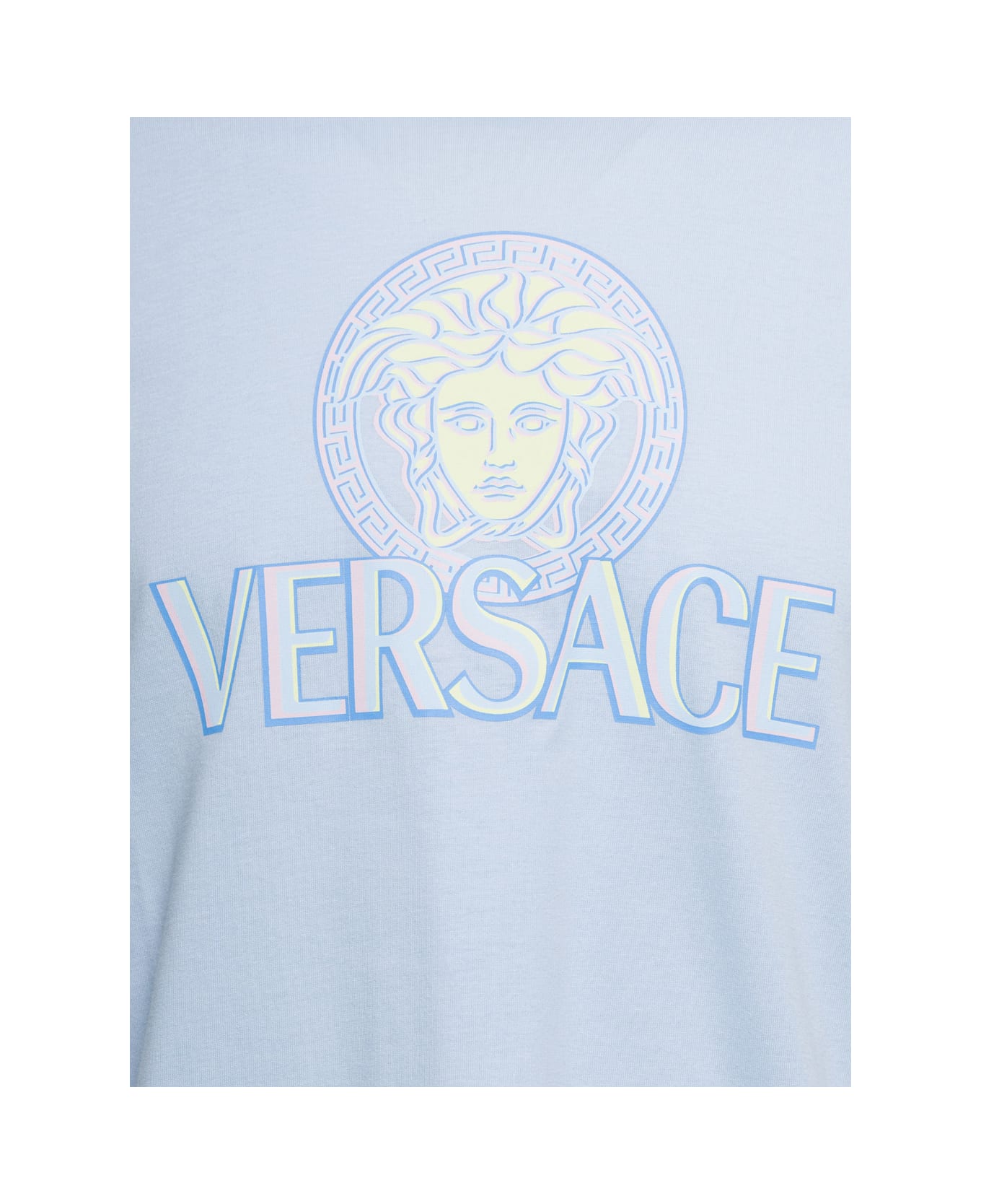 Versace Light Blue 'medusa' T-shirt With Front Logo Print In Cotton Man - Light blue シャツ