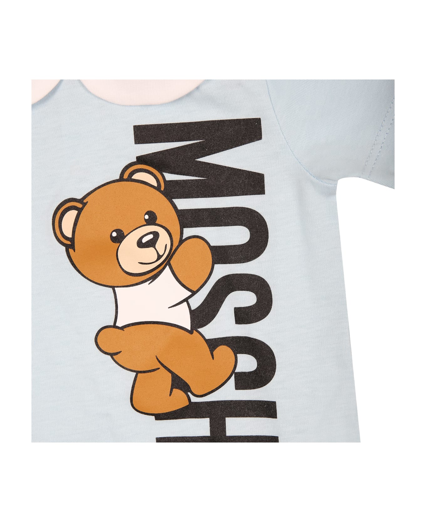Moschino Light Blue Romper For Baby Boy With Teddy Bear And Logo - BLUE ボディスーツ＆セットアップ