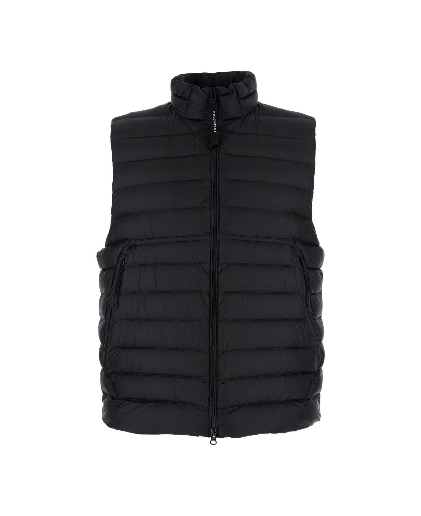 C.P. Company Black Vest With Mock Neck And Logo Plaque On The Side In Tech Fabric Man - Black