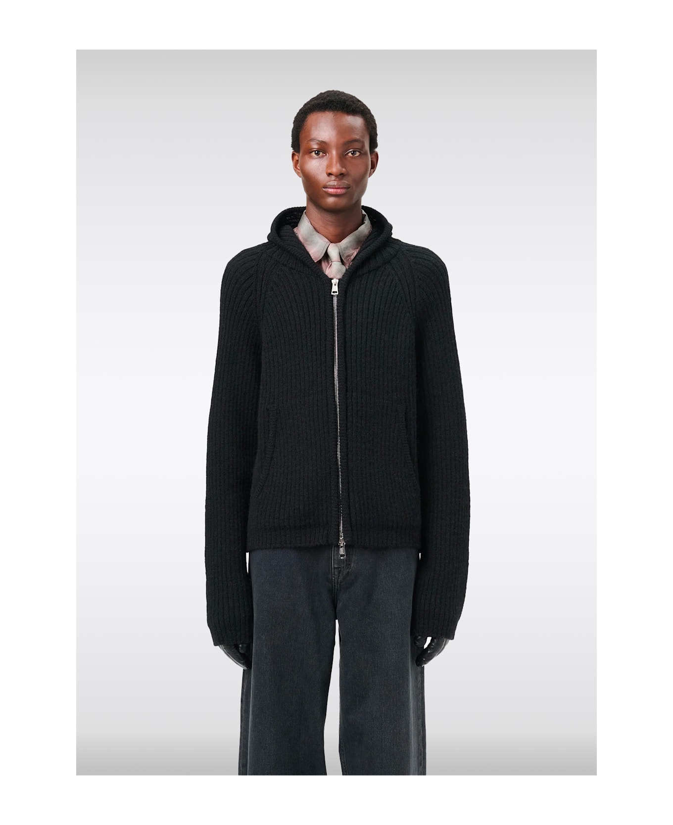 Our Legacy Level Hood Black rib knitted hooded cardigan with zip - Level Hood - Nero