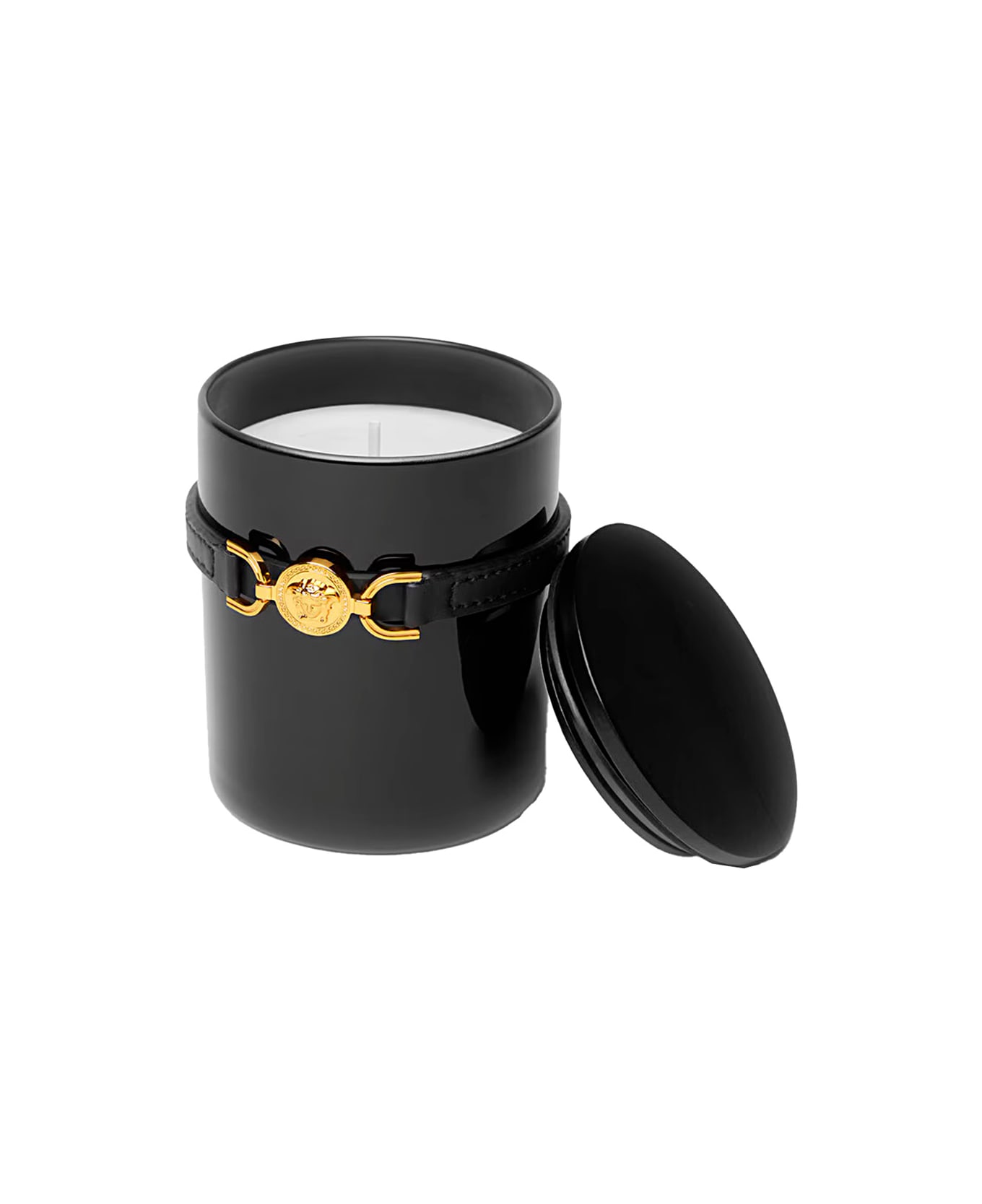 Versace 'medusa 95' Black Candle With Wood Lid And Removable Leather Strap In Wood And Glass Home - Black