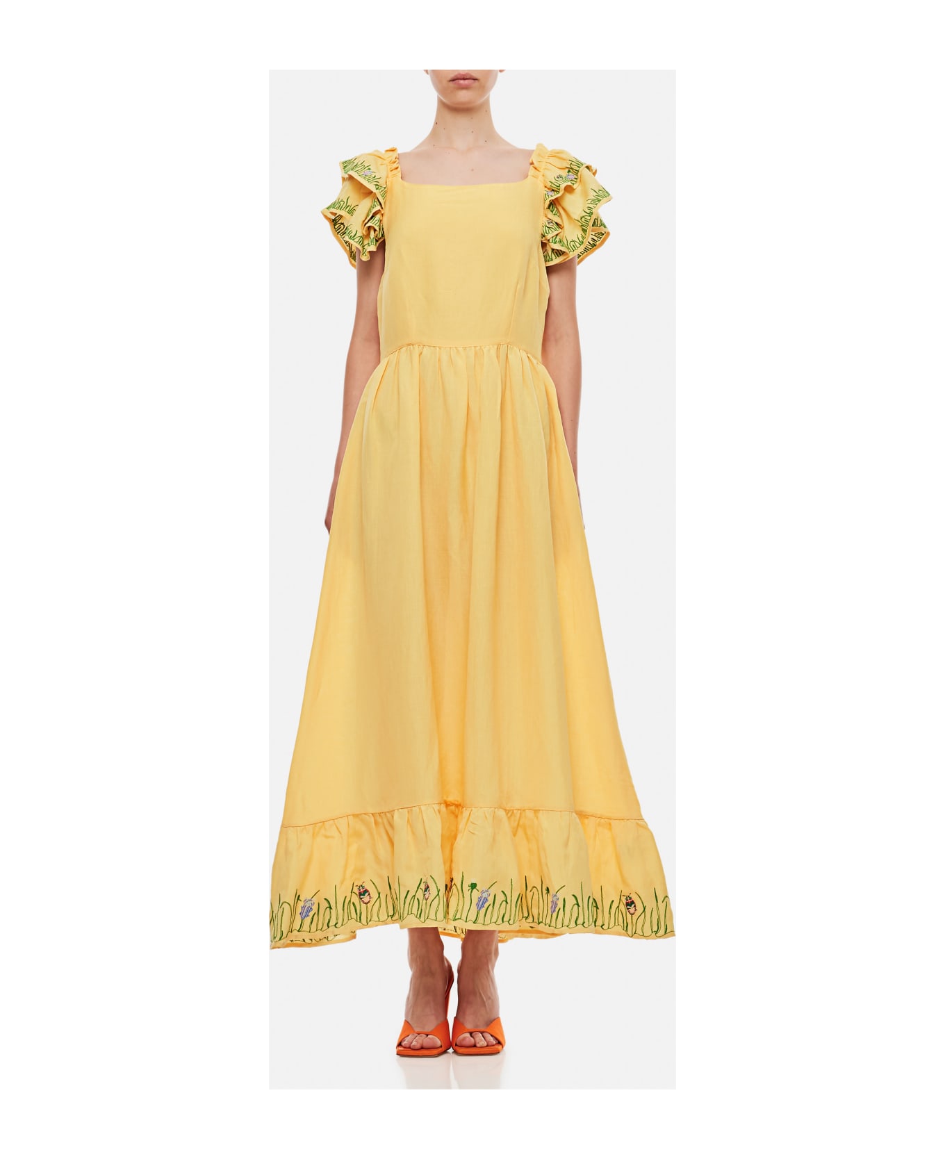 Helmstedt Brise Embroidered Linen Long Dress - Yellow