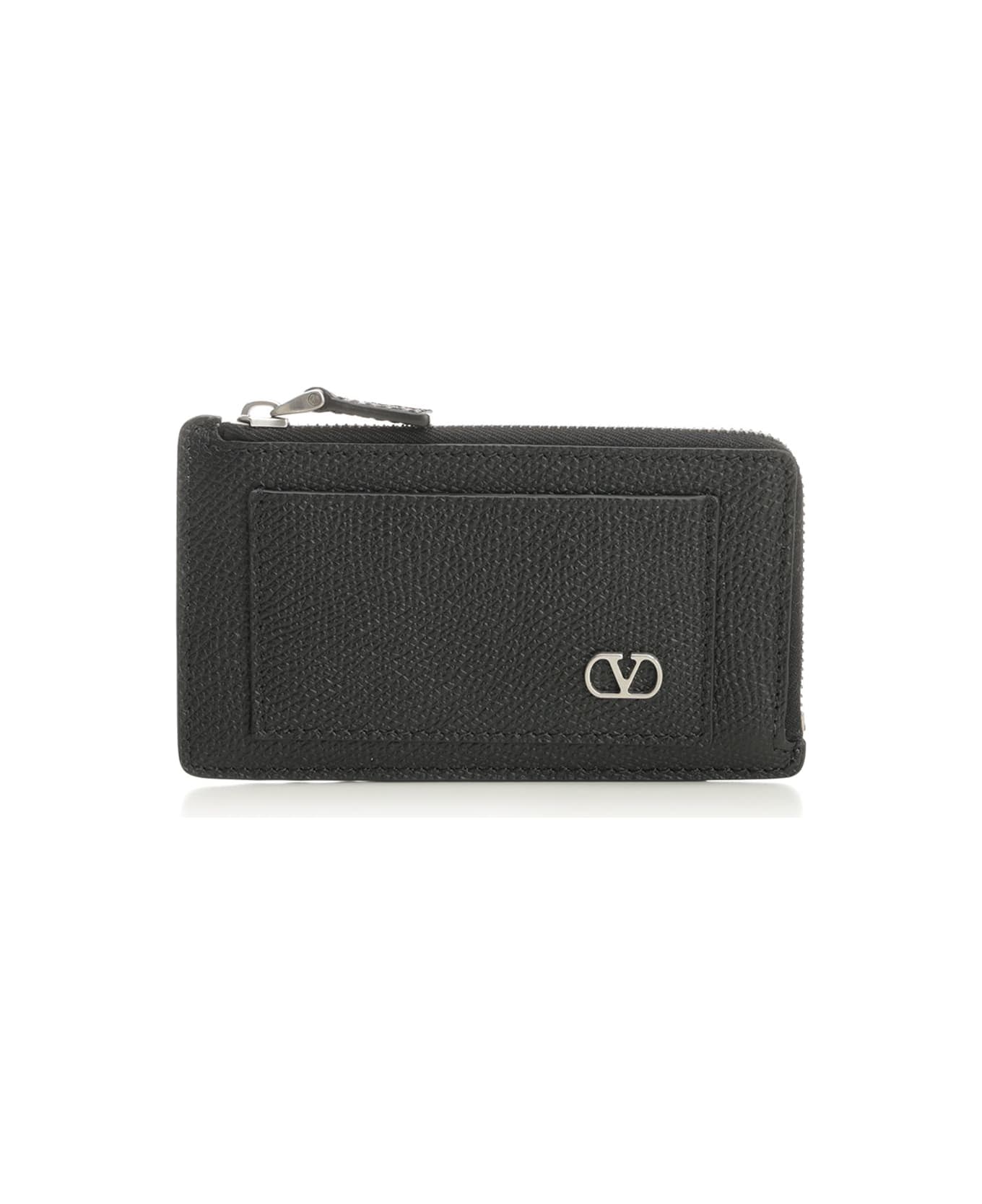 Valentino Garavani Vlogo Leather Zip Around Card Holder - BLACK