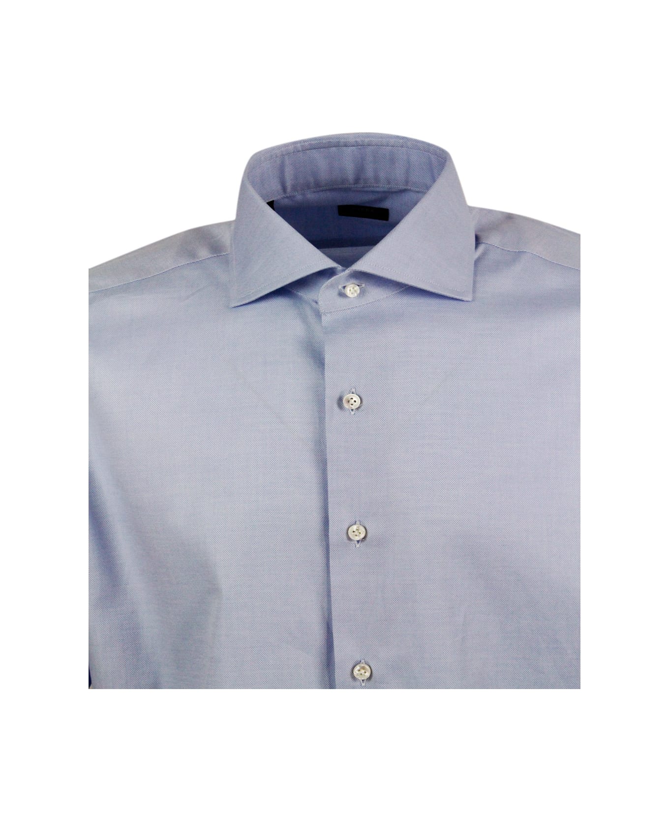 Barba Napoli Slim Fit Shirt In Fine Stretch Honeycomb Cotton, Italian Collar, Hand-sewn Black Label And Mother-of-pearl Buttons - Light Blu