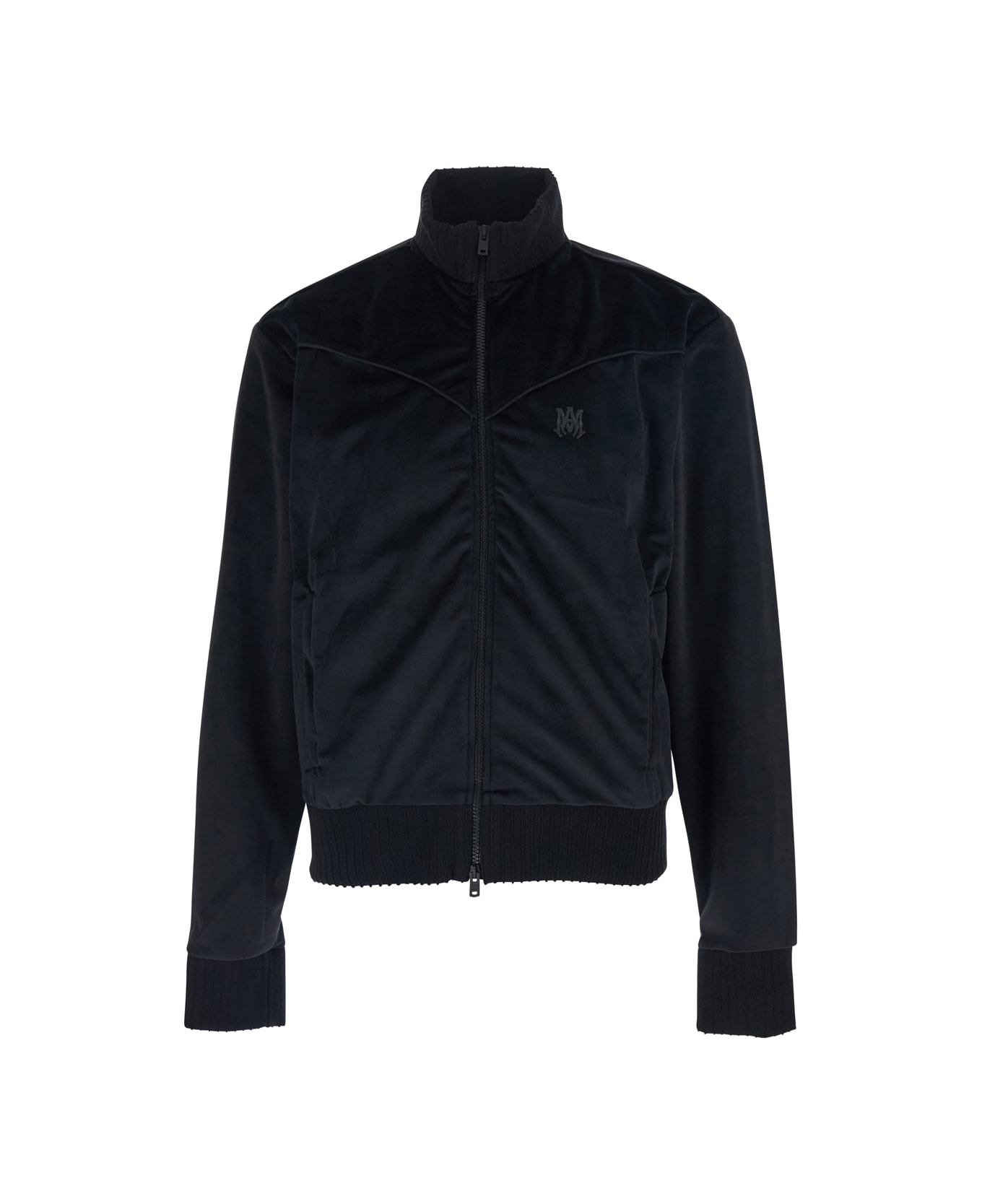 AMIRI Black Jacket With High Neck And Logo Embroidery On The Front In Velvet Man - Black