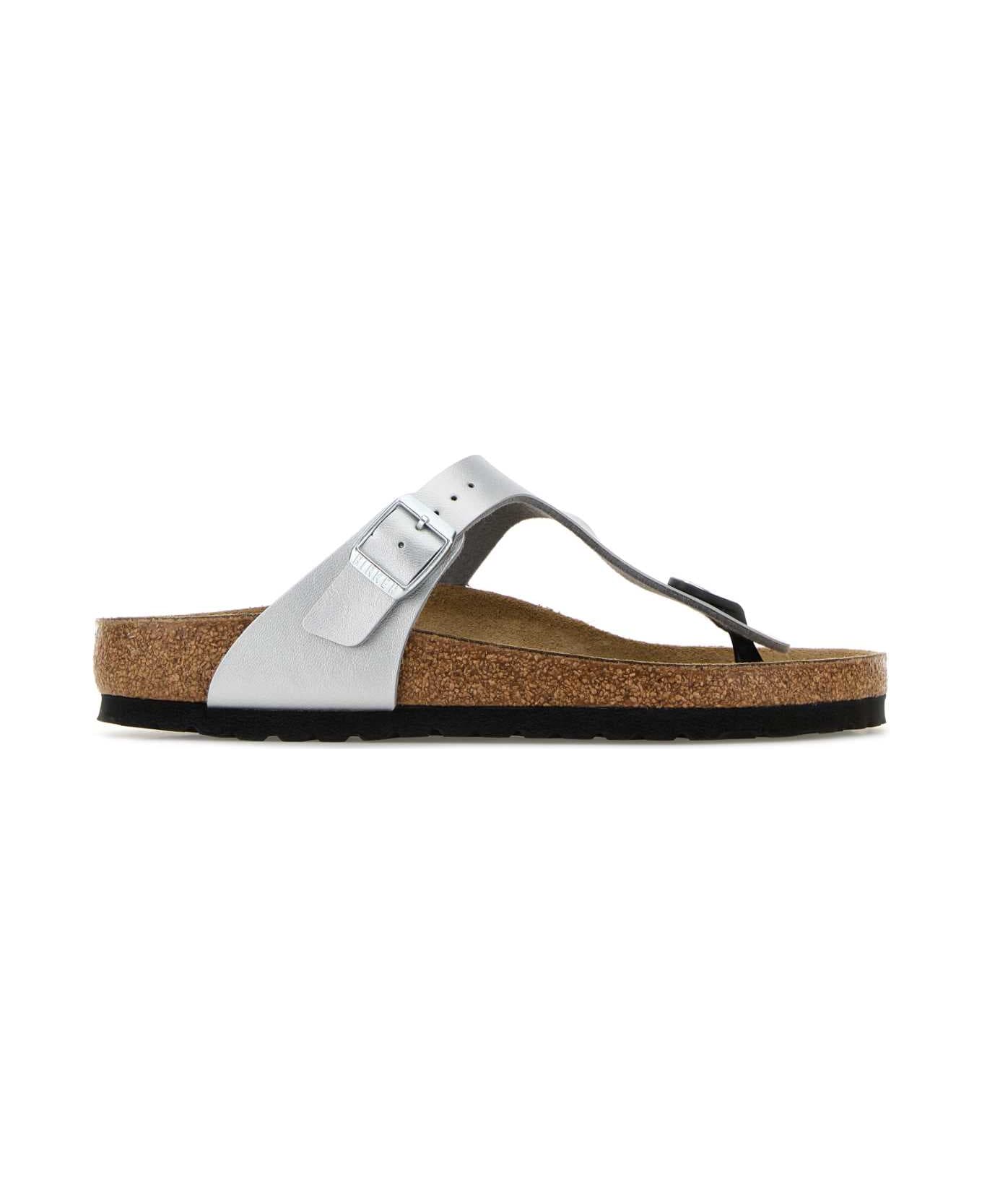 Birkenstock Silver Leather Gizeh Thong Slippers - SILVER