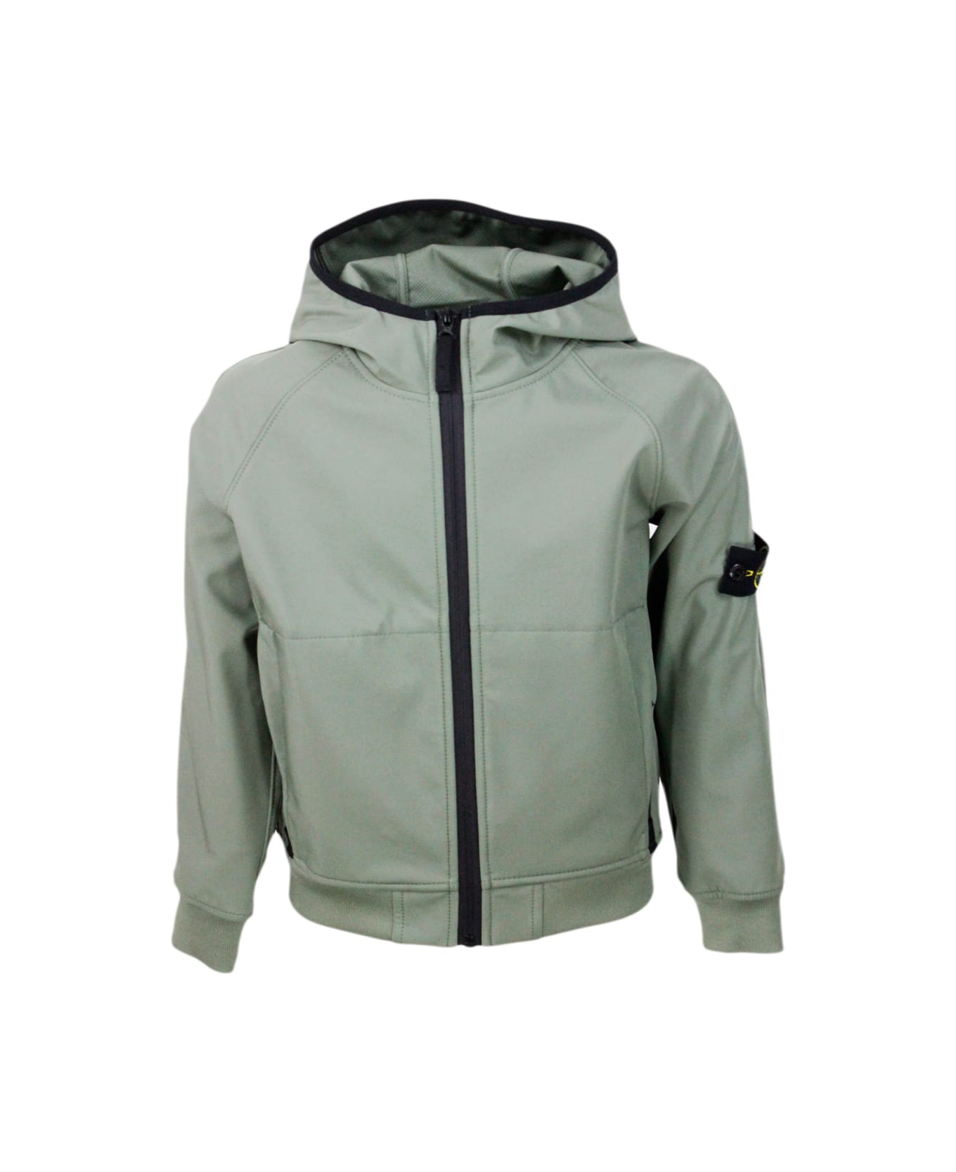 Stone Island Jacket In Water Resistant Technical Fabric With Hood And Zip Closure. Logo Applied On The Sleeve - Military