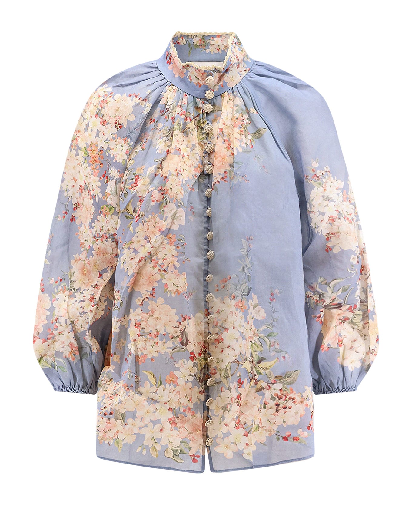 Zimmermann Cascadian Billow Ramie Shirt - Teal Blue Botanical Floral
