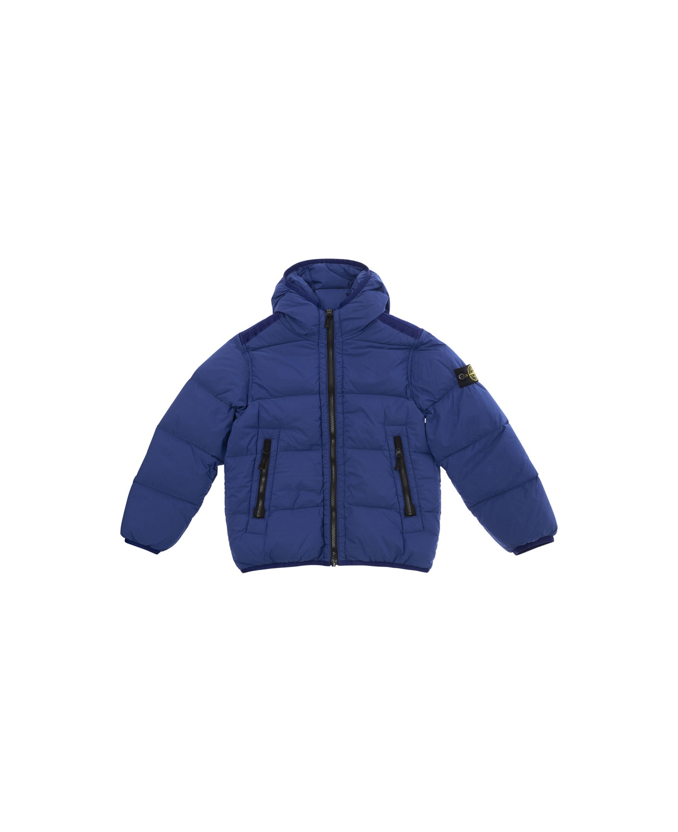 Stone Island Blue Hooded Down Jacket With Logo Patch In Polyamide Boy - BLUE