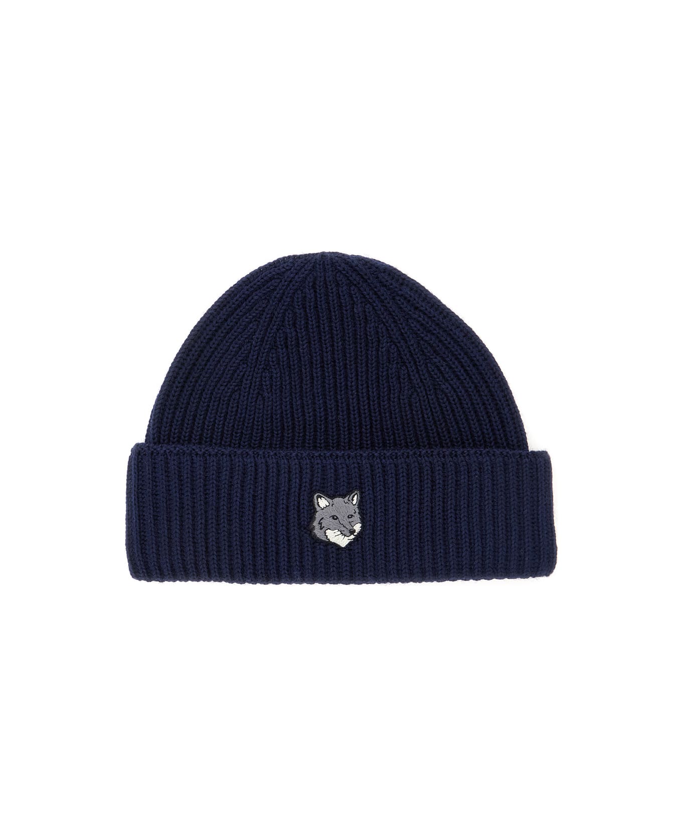 Maison Kitsuné Blue Knit Beanie With Logo Patch On The Front In Wool Man - Blu