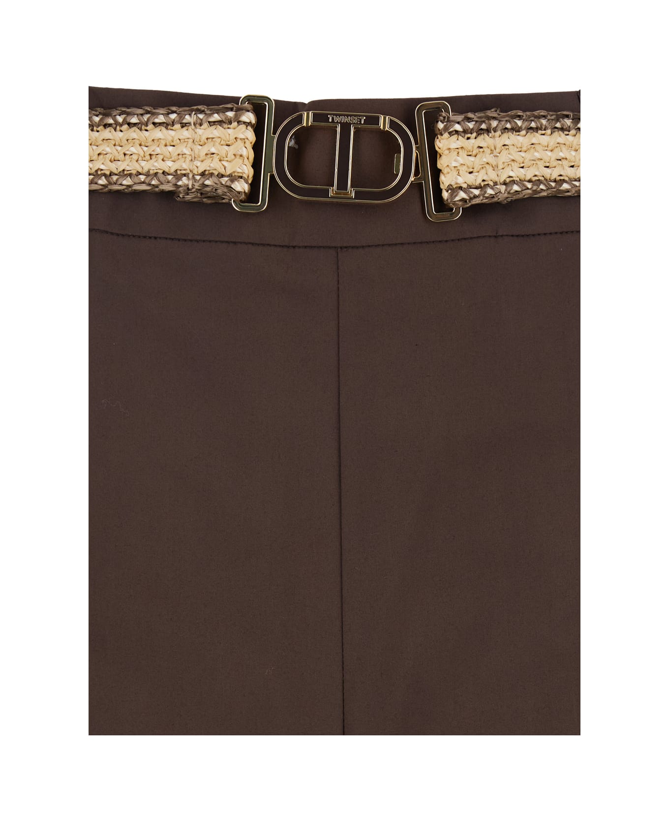 TwinSet Brown Pants With Waist Belt And Metallic Logo Plaque In Cotton Poplin Woman - Brown