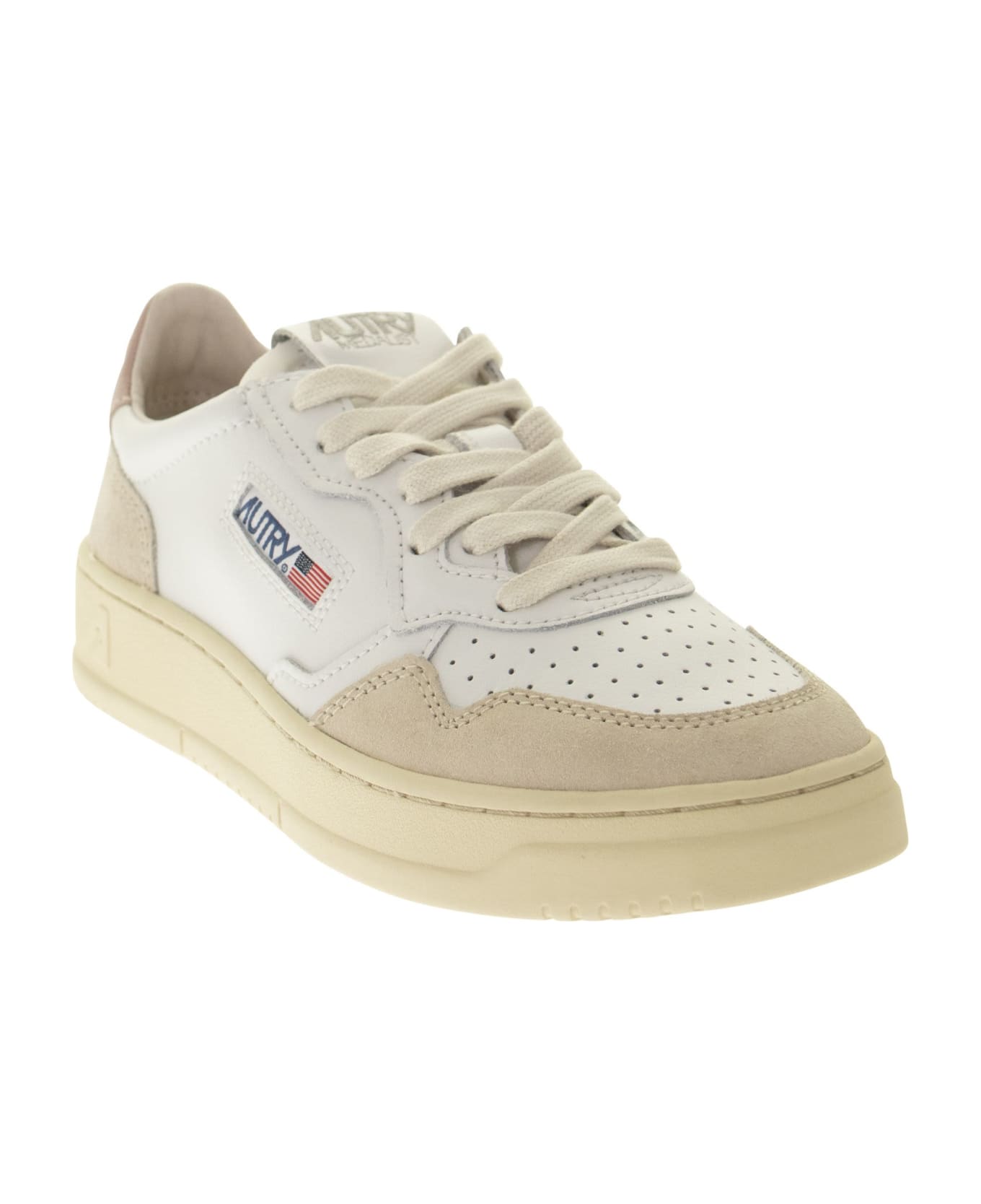 Autry Medalist Low - Leather And Suede Sneakers - White/pink/beige