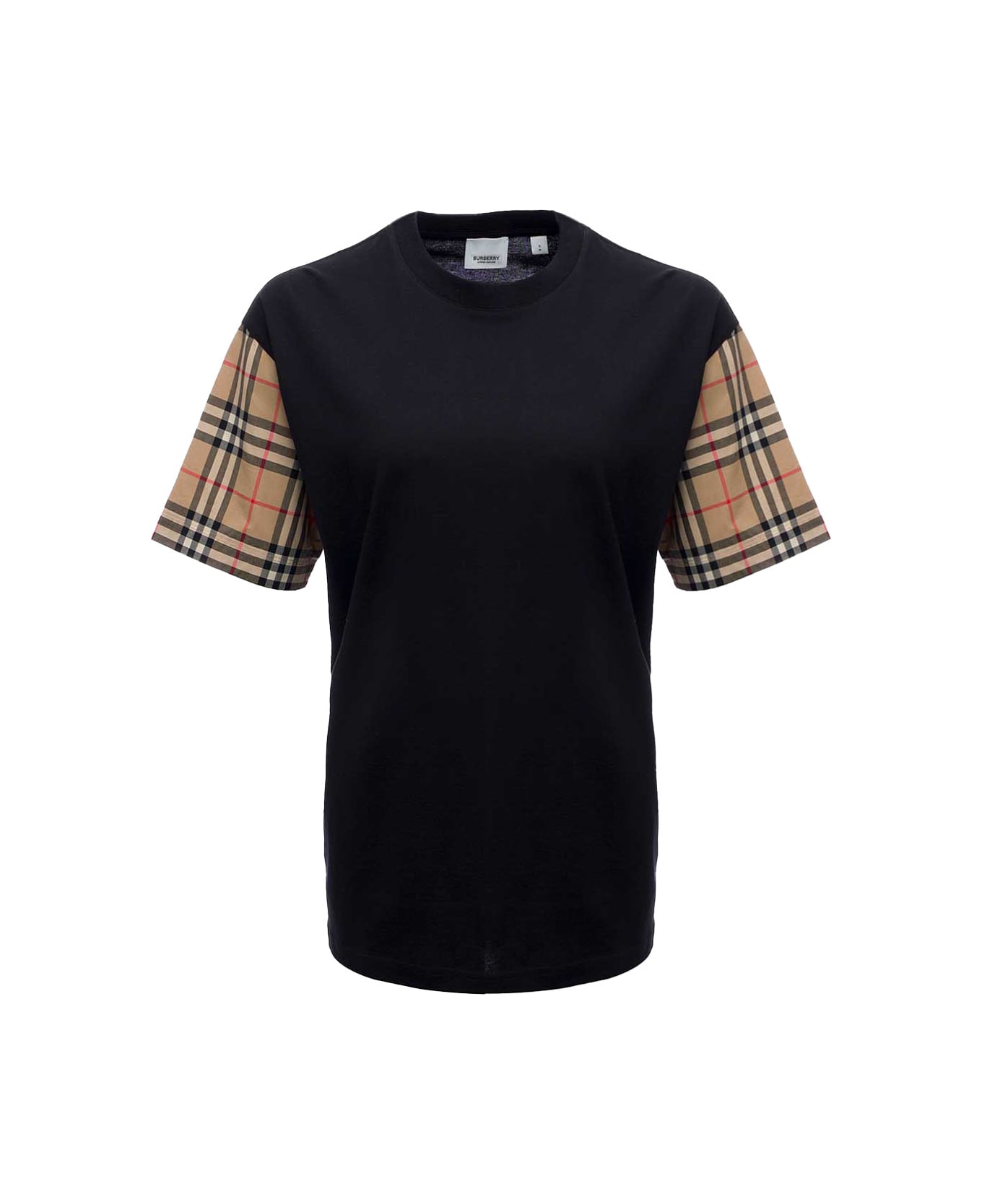 Burberry Black Cotton T-shirt With Vintage Check Sleeves - Black