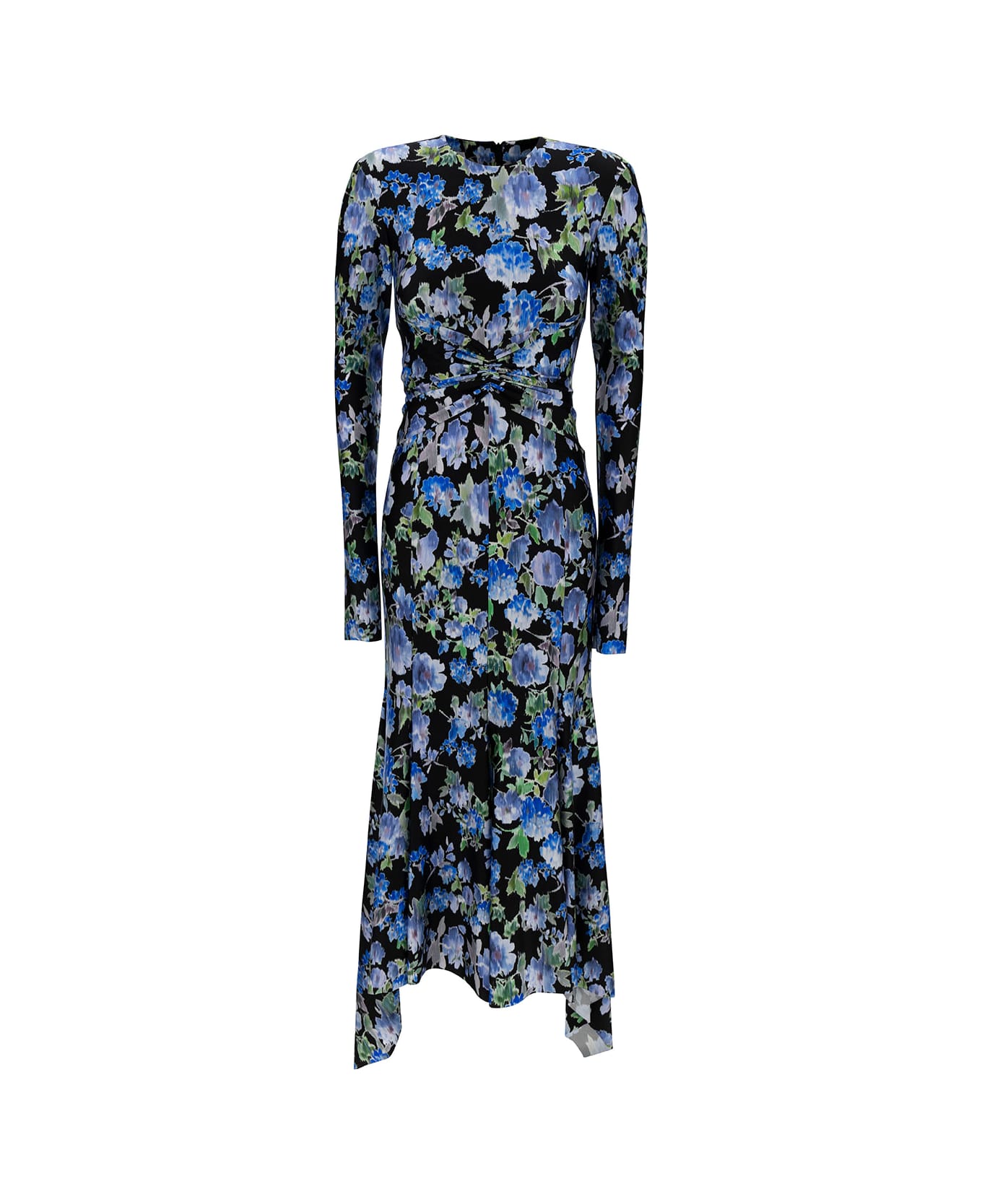 Philosophy di Lorenzo Serafini Black And Blue Maxi Dress With All-over Floreal Print In Stretch Fabric Woman - Blu
