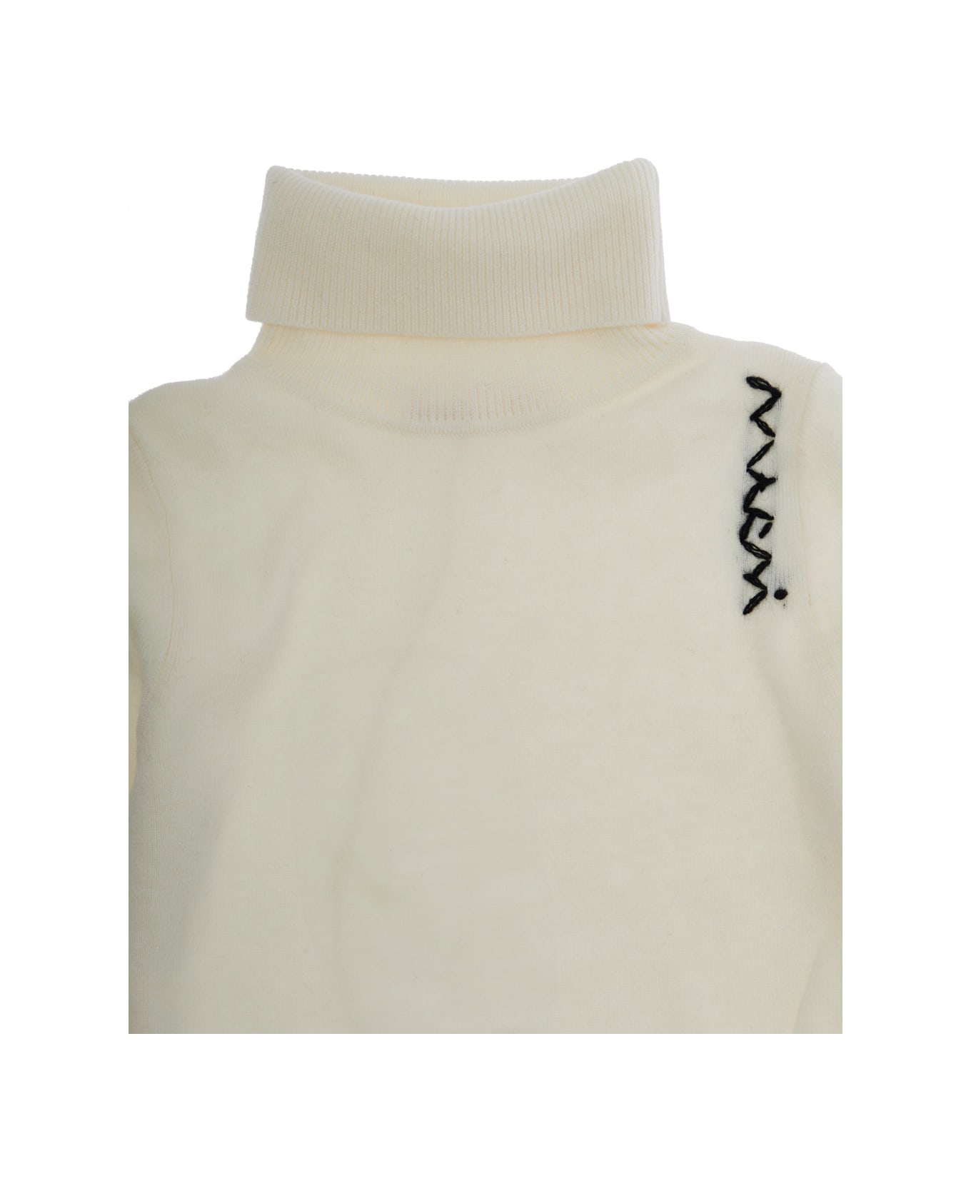 Marni White High Neck Jumperwith Logo On Front In Wool Blend Girl - White