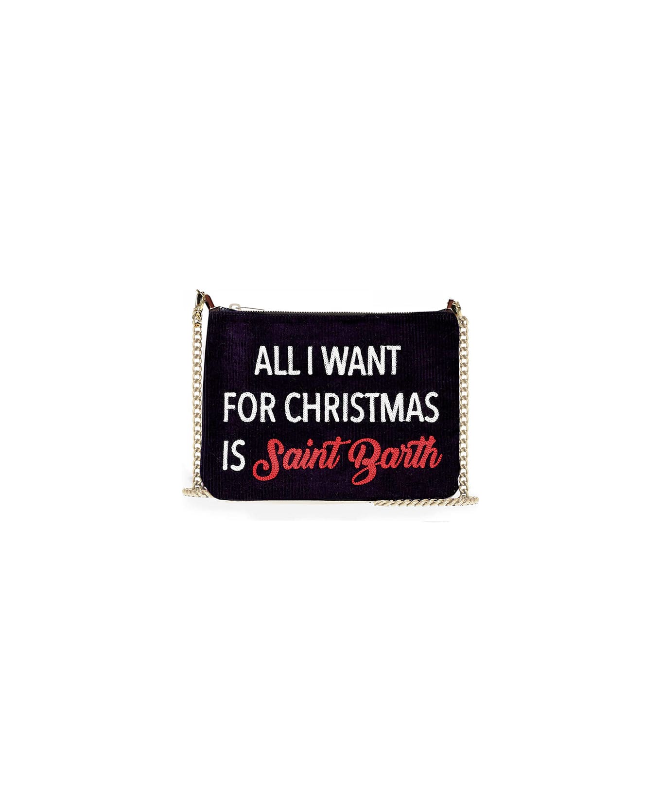 MC2 Saint Barth Parisienne Velvet Cross-body Bag Pochette With All I Want For Christmas Is Saint Barth Embroidery - BLUE