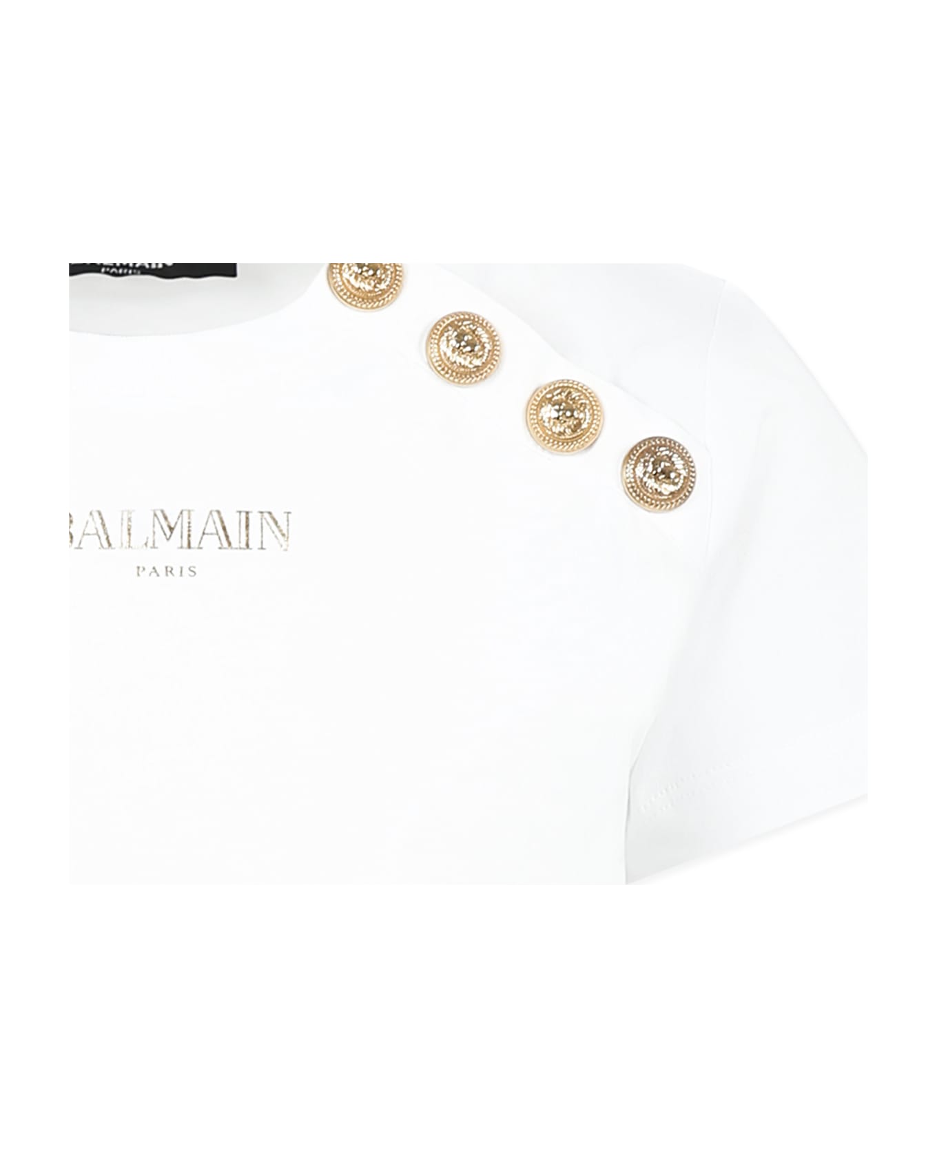 Balmain White T-shirt For Girl With Golden Logo - White