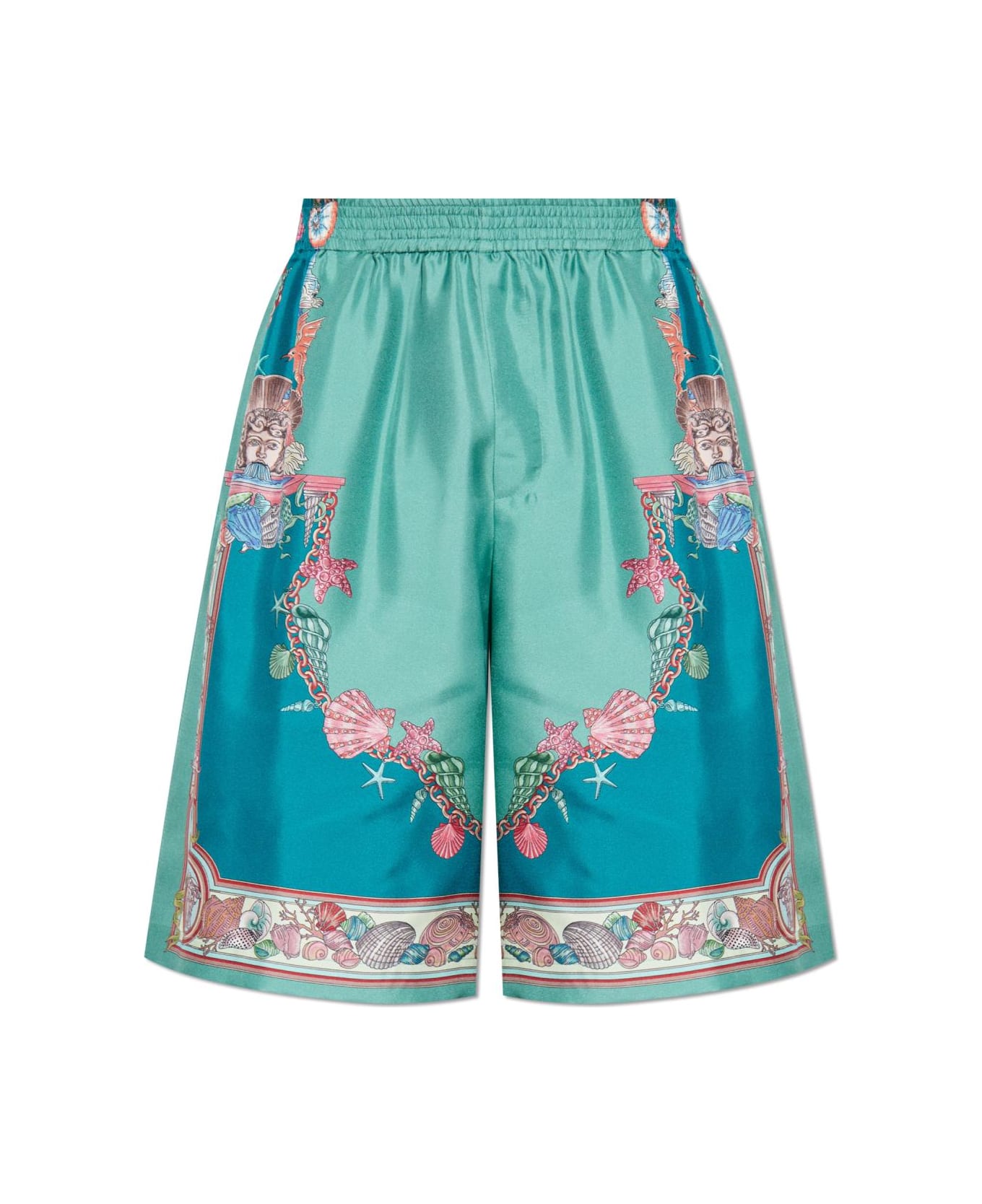 Versace Silk Shorts With 
coral Theatre
 Print - Sea Green+Dark Sea Green