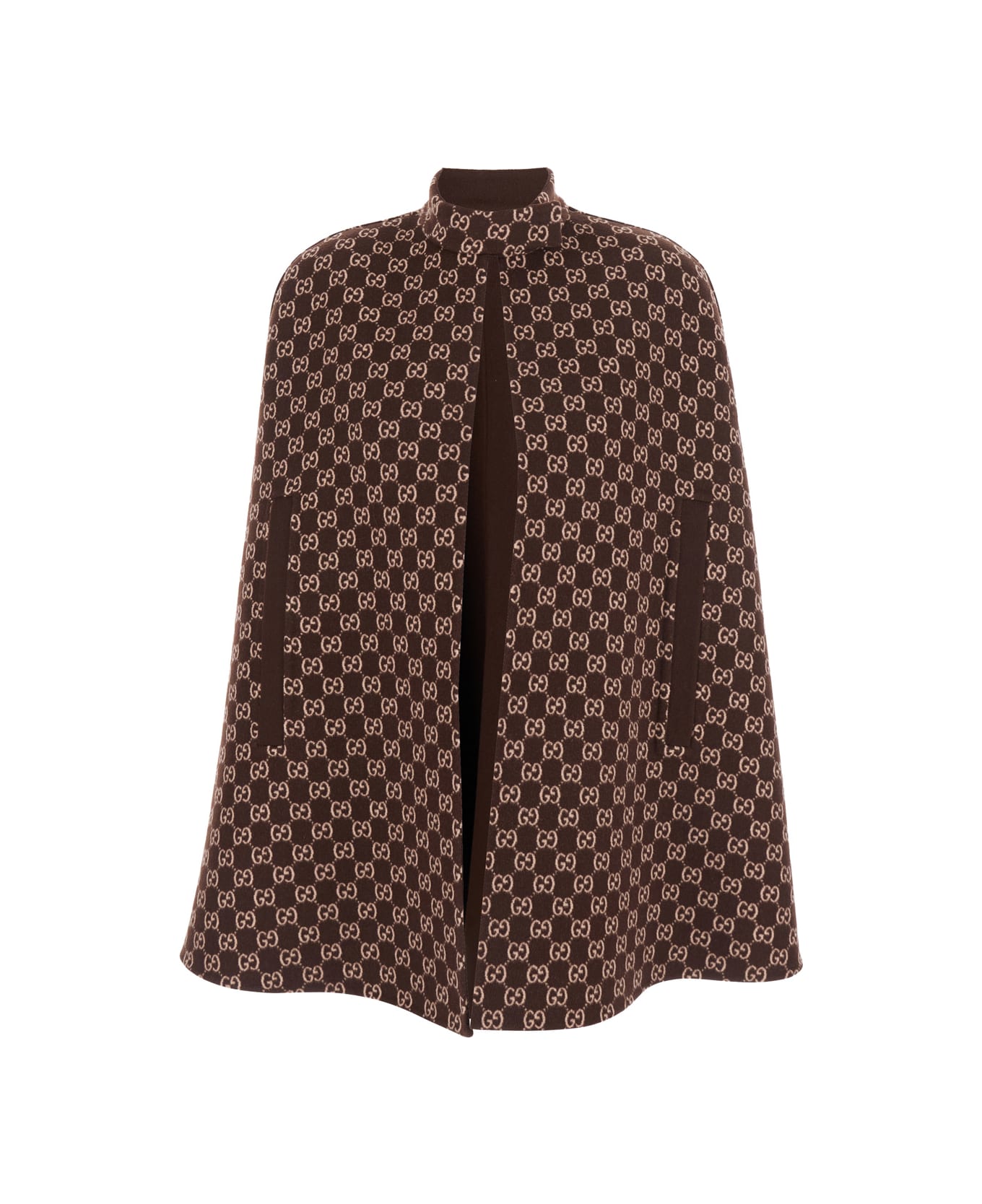 Gucci Brown Cape With Iconic Clamp And Gg All-over Motif Interior In Wool Woman - Brown