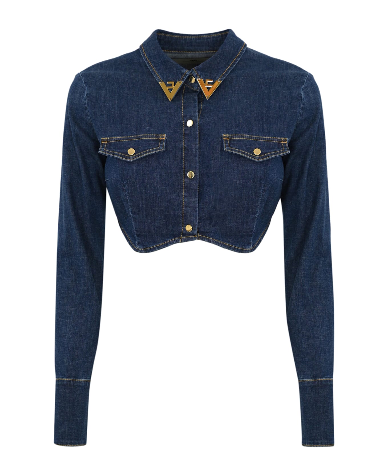 Elisabetta Franchi Cropped Denim Shirt With Metal Logo Details - Blue