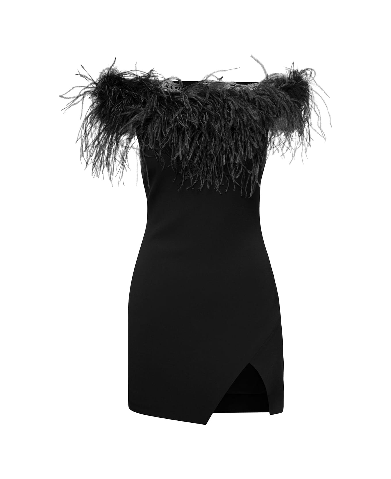 Giuseppe di Morabito Mini Black Dress With Feather Trim And Split In Stretch Viscose Woman - Black