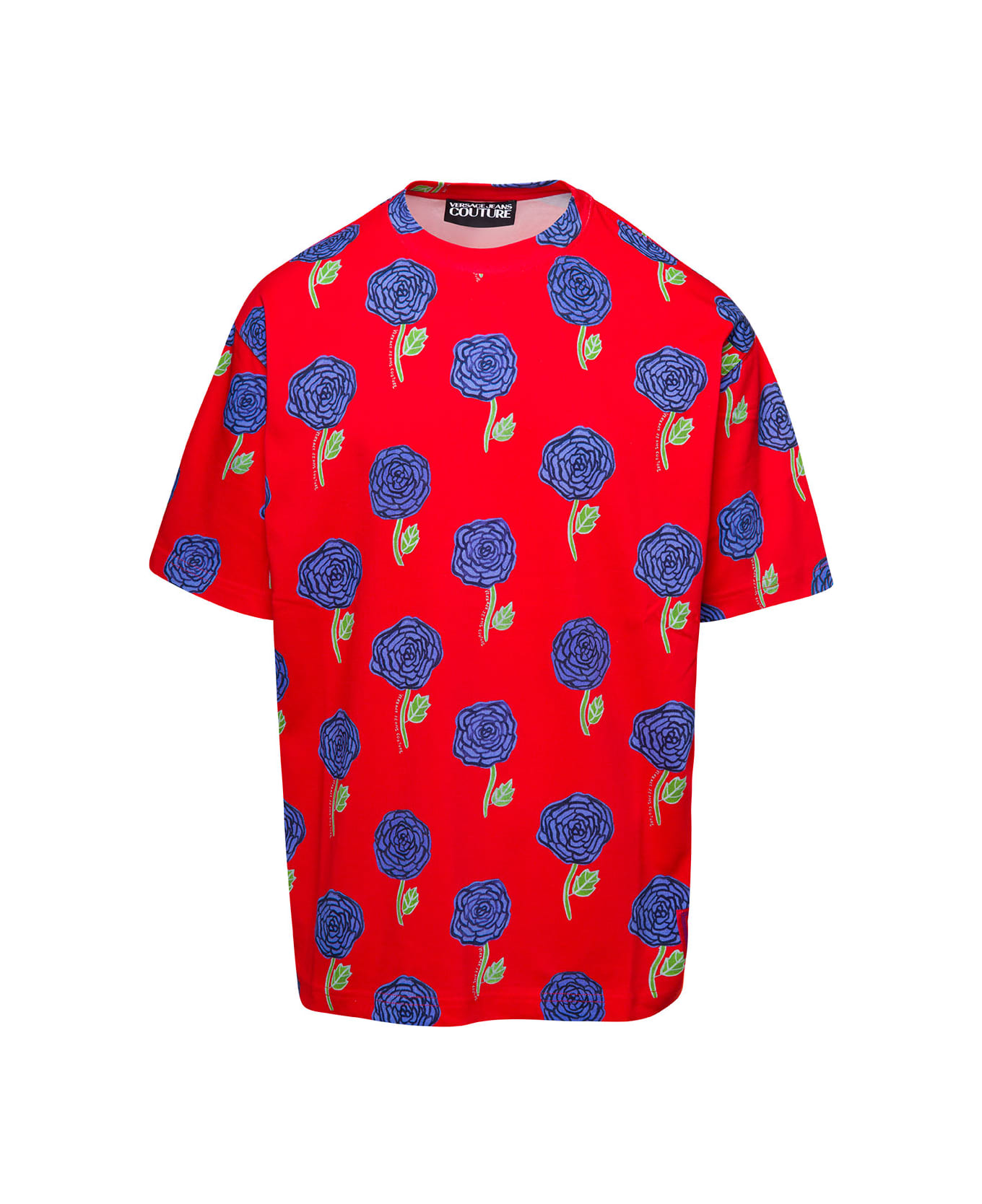 Versace Jeans Couture Red Crewneck T-shirt With All-over Floral Print In Cotton Man - Multicolor