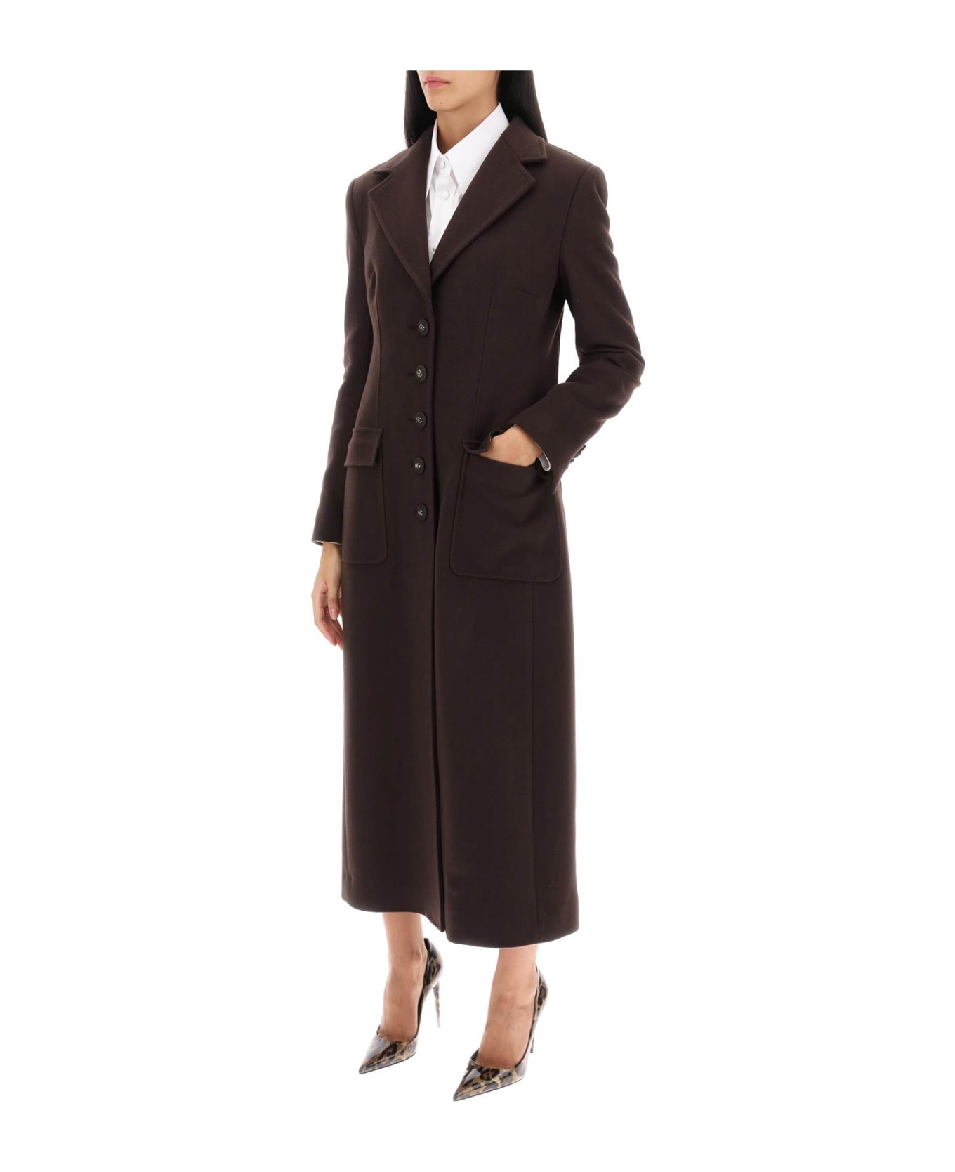 Dolce & Gabbana Shaped Coat In Wool And Cashmere - Marrone Scuro 4