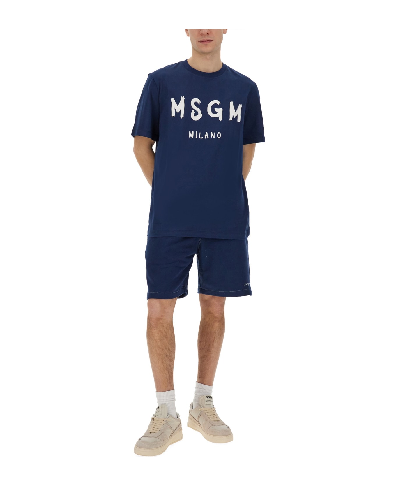 MSGM Bermuda Shorts With Embroidered Logo - Blue ショートパンツ