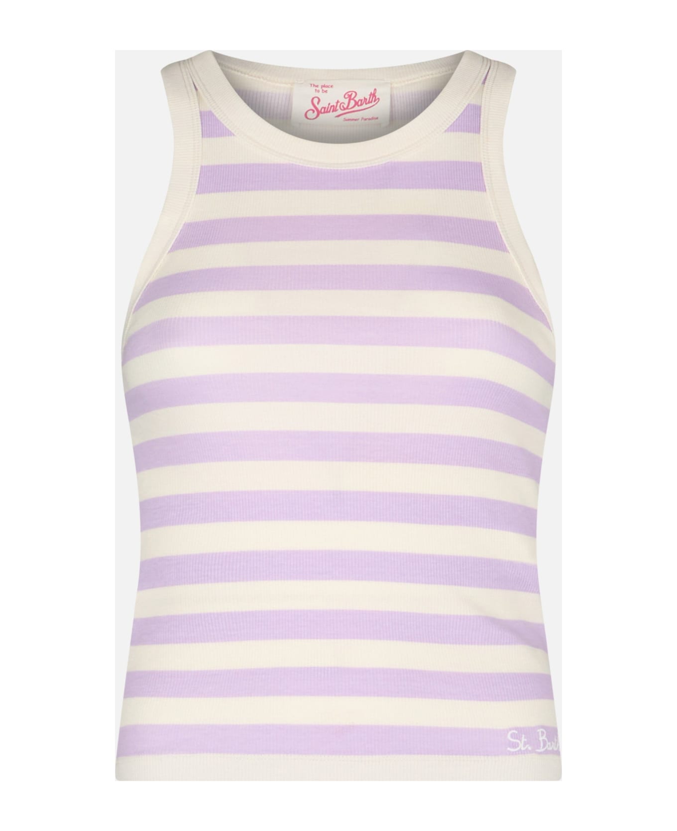 MC2 Saint Barth Woman Rib-knit Lilac And Off-white Striped Cotton Tank Top - PINK