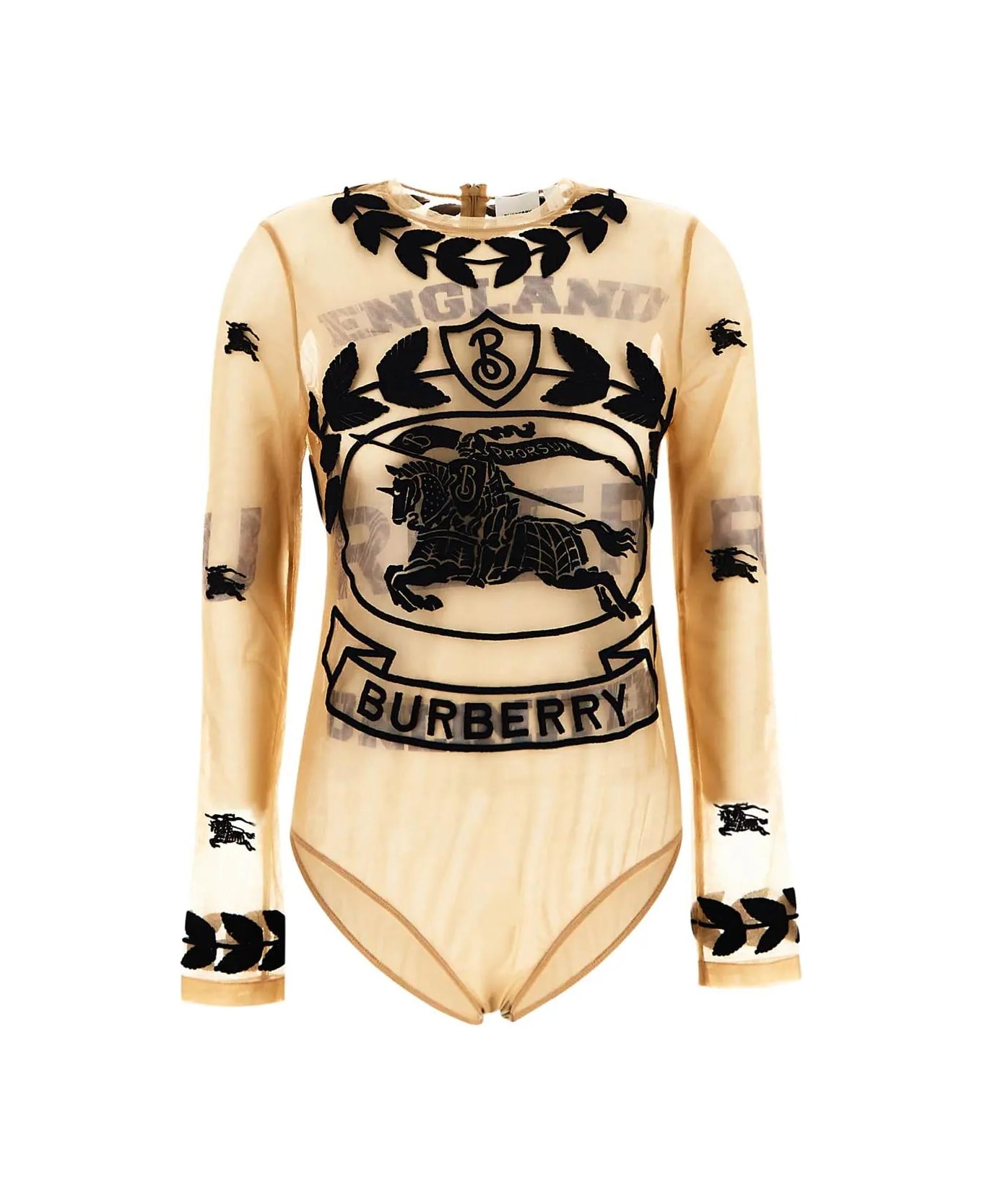 Burberry Ekd Embroidered Stretch Tulle Bodysuit - CAMEL
