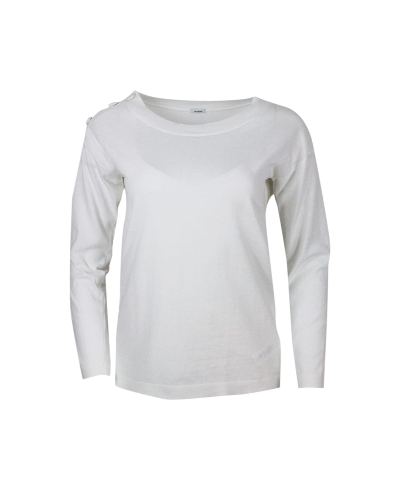 Malo Crew-neck, Long-sleeved Shirt In Cotton Thread With Buttons On The Shoulder - White ニットウェア