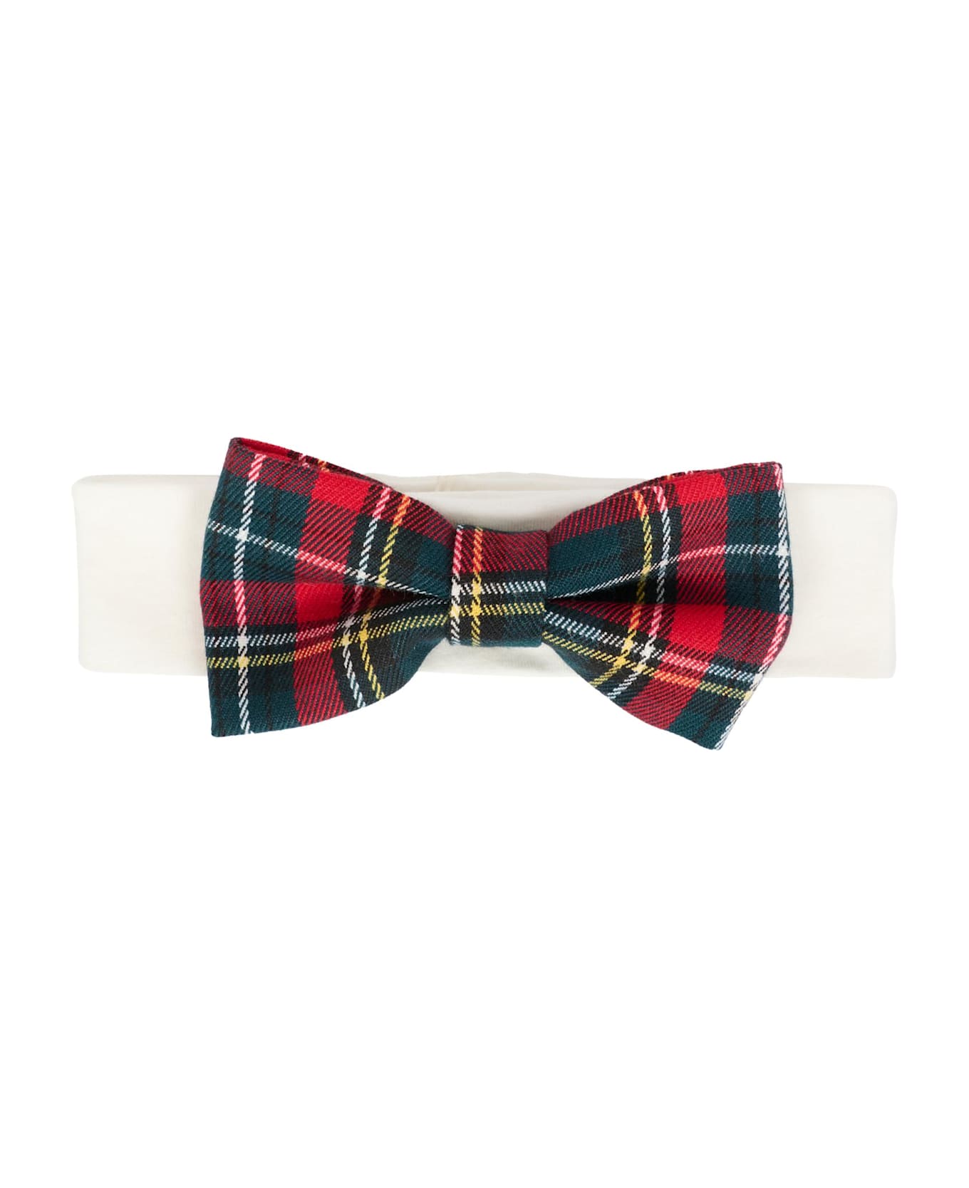 La stupenderia White Headband For Baby Girl With Red And Green Tartan Bow - White